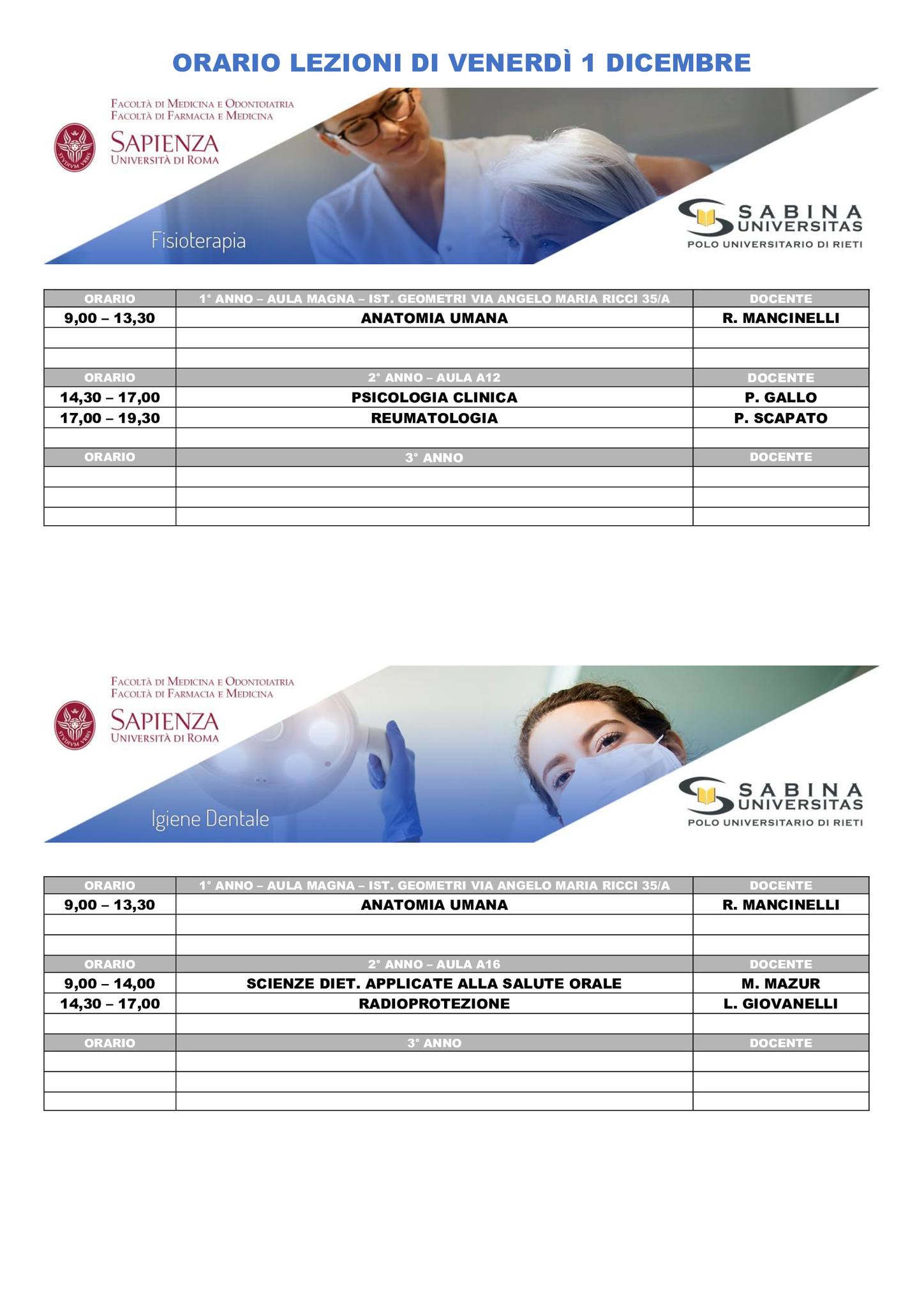 Professioni Sanitarie: orario lezioni di venerdì 1 dicembre