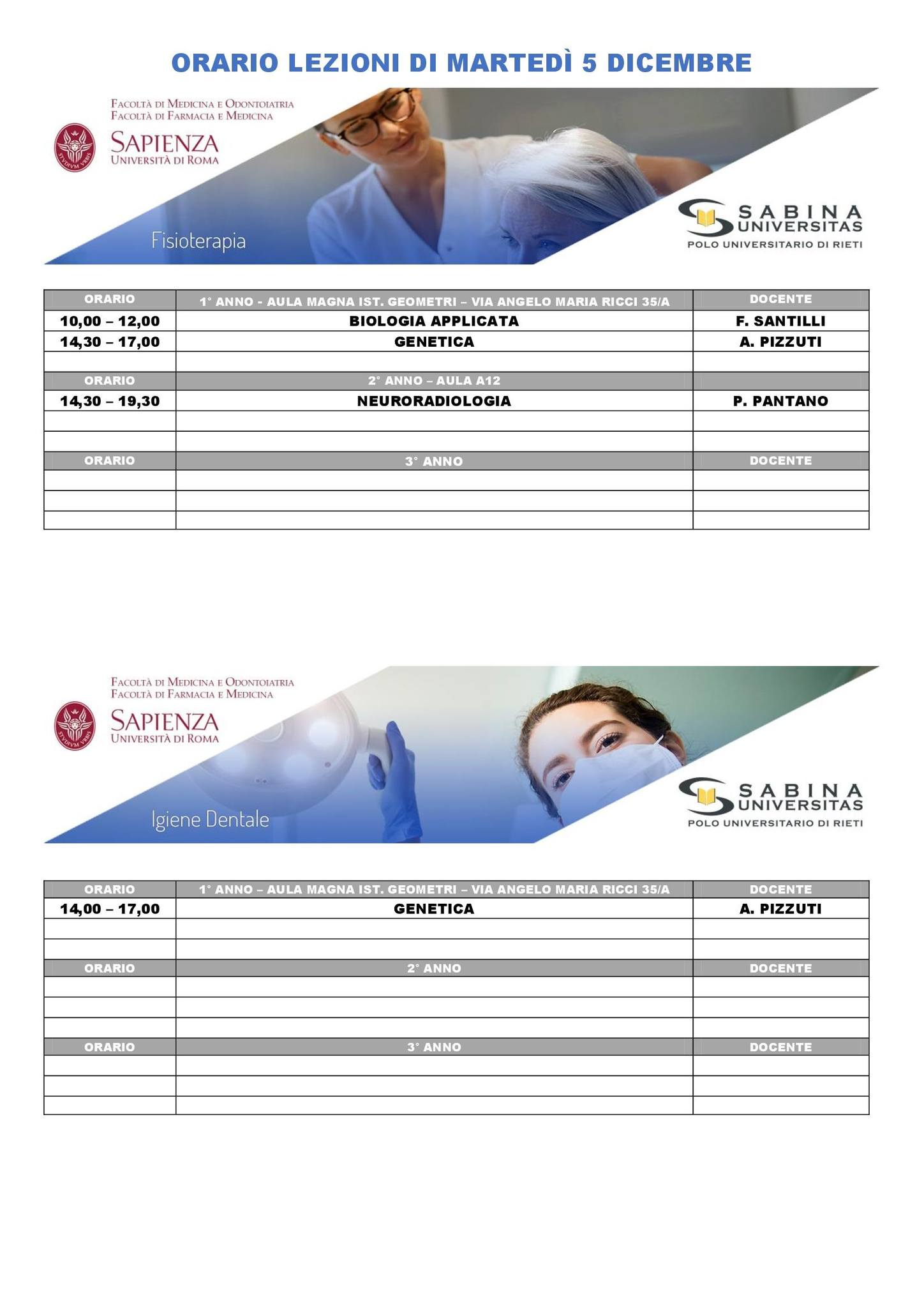 Professioni Sanitarie: orario lezioni di martedì 5 dicembre