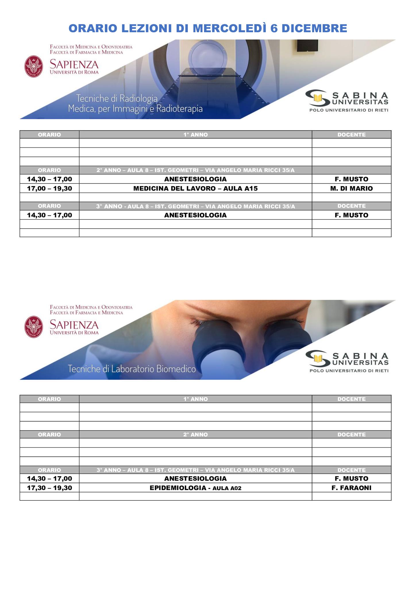 Professioni Sanitarie: orario lezioni di mercoledì 6 dicembre