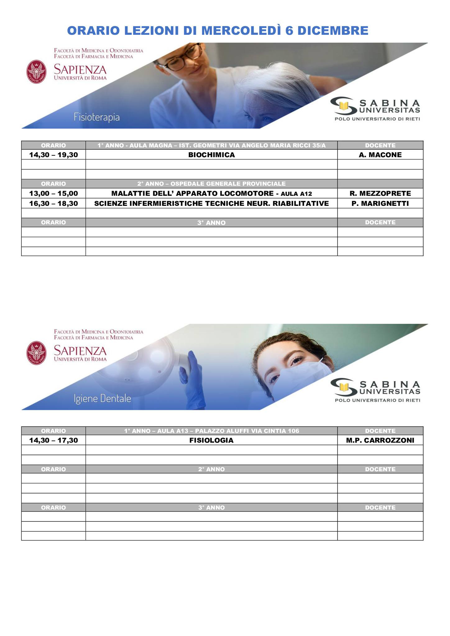 Professioni Sanitarie: orario lezioni di mercoledì 6 dicembre