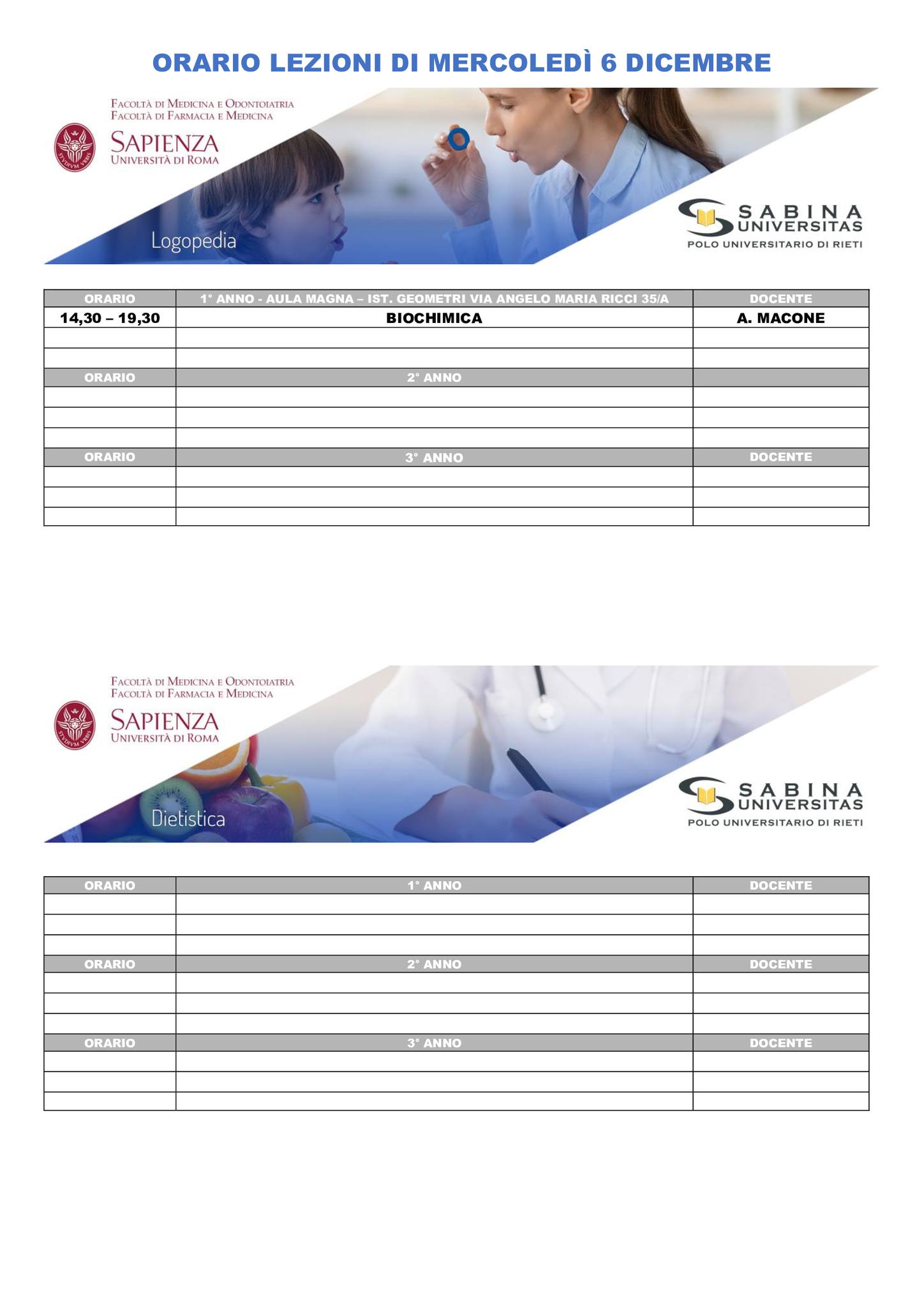 Professioni Sanitarie: orario lezioni di mercoledì 6 dicembre