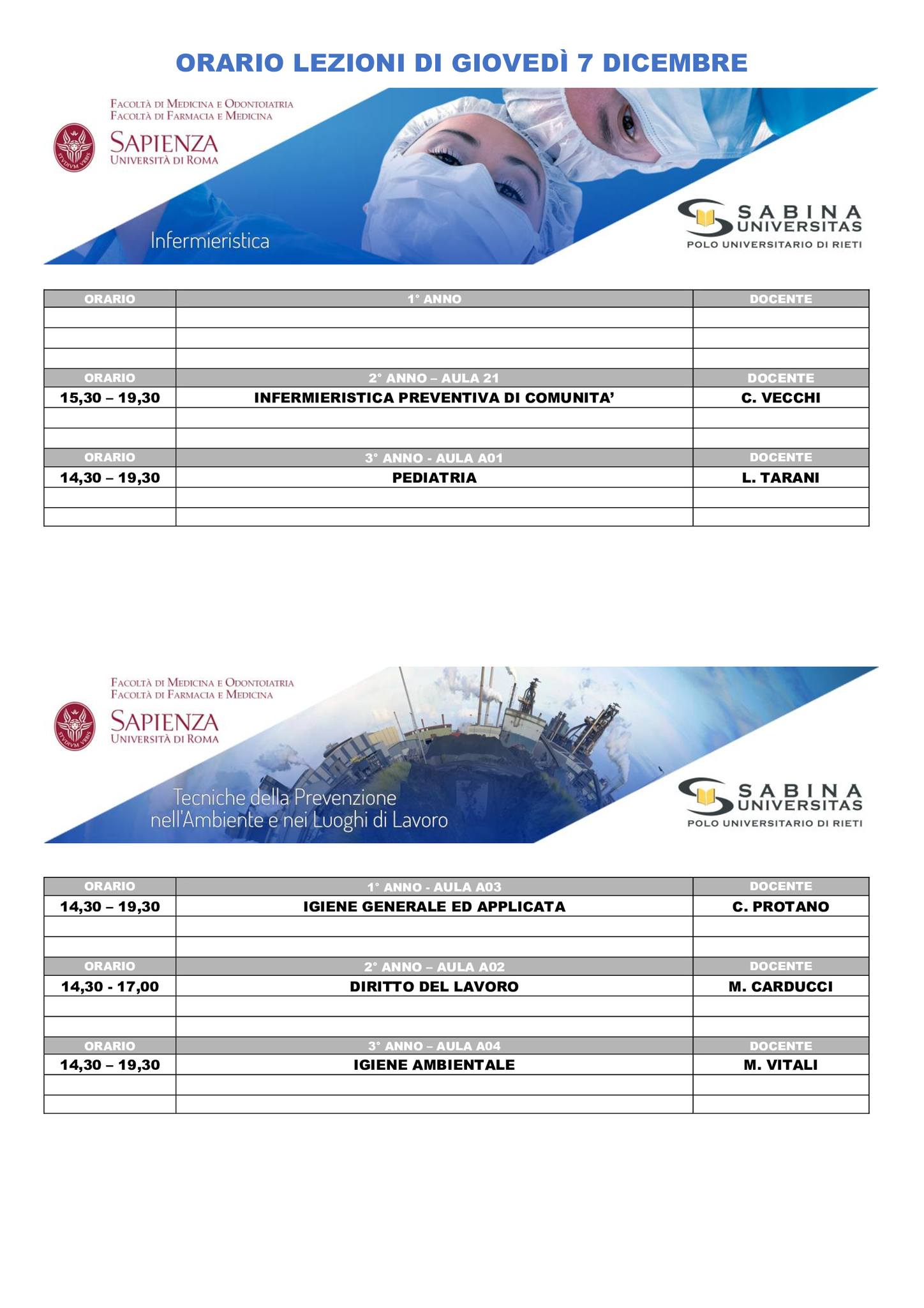 Professioni Sanitarie: orario lezioni di giovedì 7 dicembre