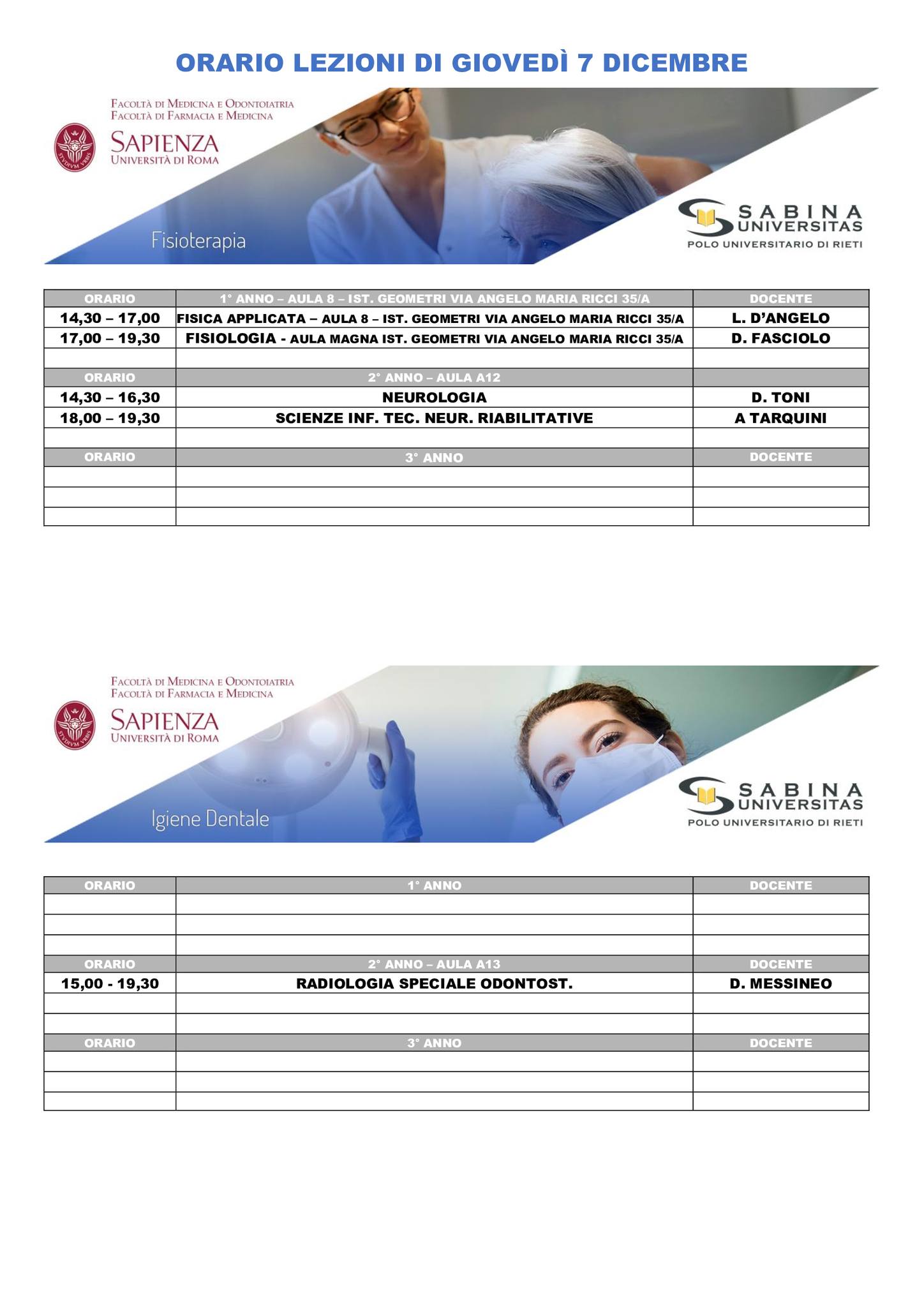 Professioni Sanitarie: orario lezioni di giovedì 7 dicembre