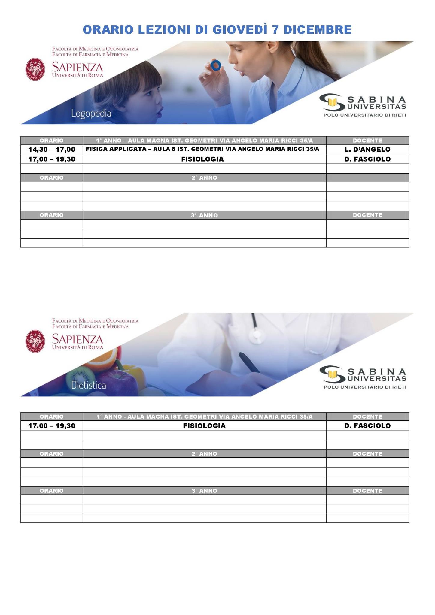 Professioni Sanitarie: orario lezioni di giovedì 7 dicembre