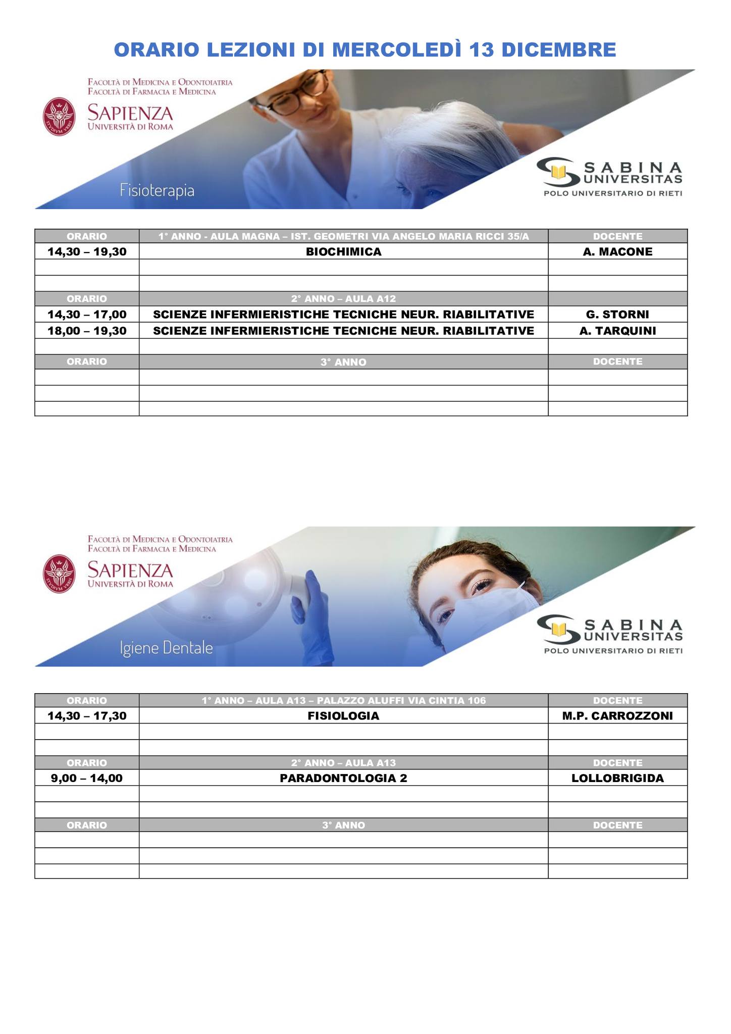 Professioni Sanitarie: orario lezioni di mercoledì 13 dicembre