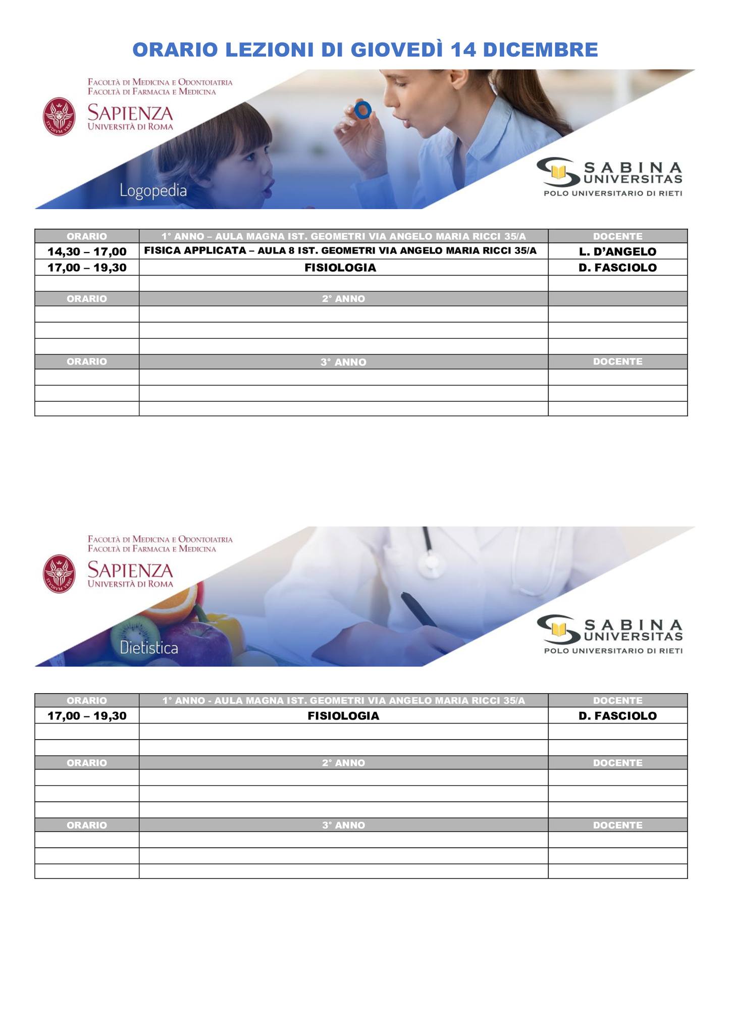 Professioni Sanitarie: orario lezioni di giovedì 14 dicembre