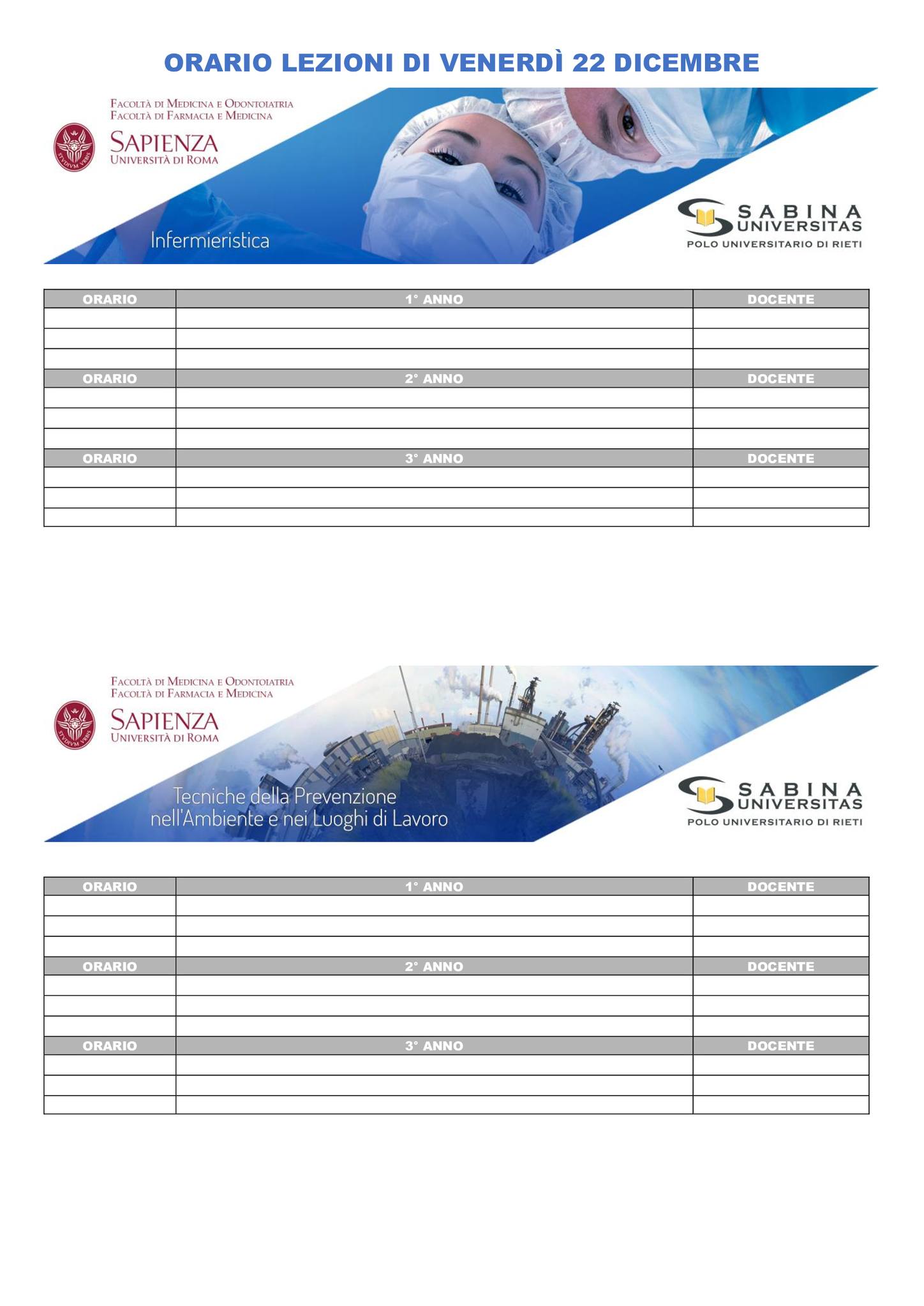 Professioni Sanitarie: orario lezioni di venerdì 22 dicembre