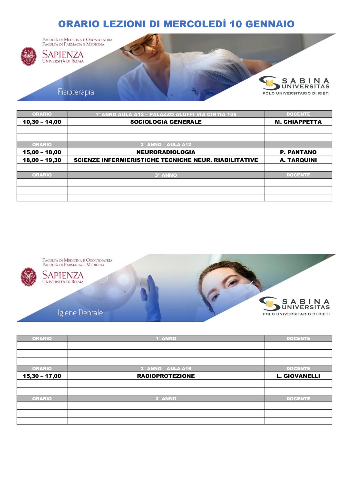 Professioni Sanitarie: orario lezioni di mercoledì 10 gennaio