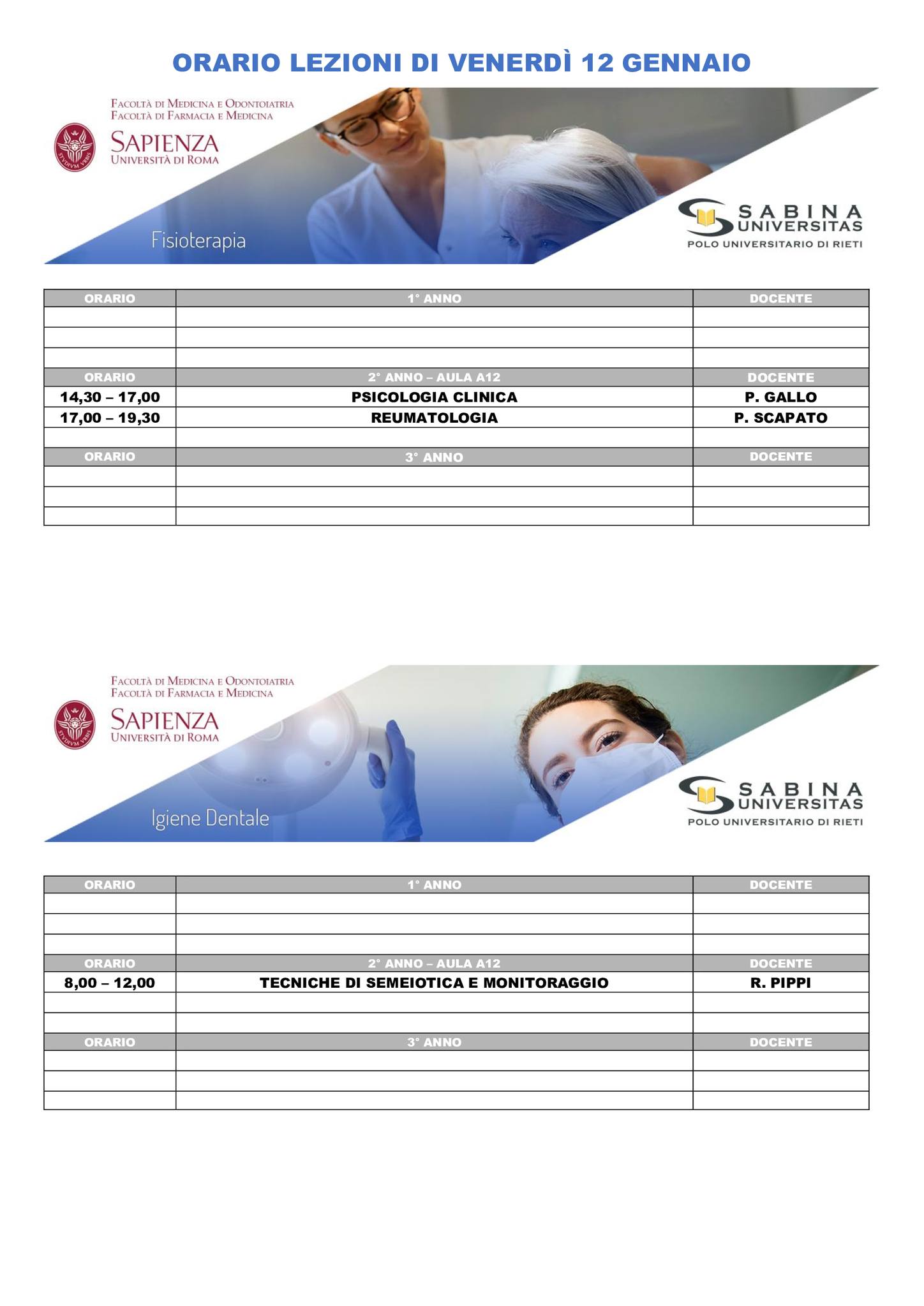 Professioni Sanitarie: orario lezioni di venerdì 12 gennaio