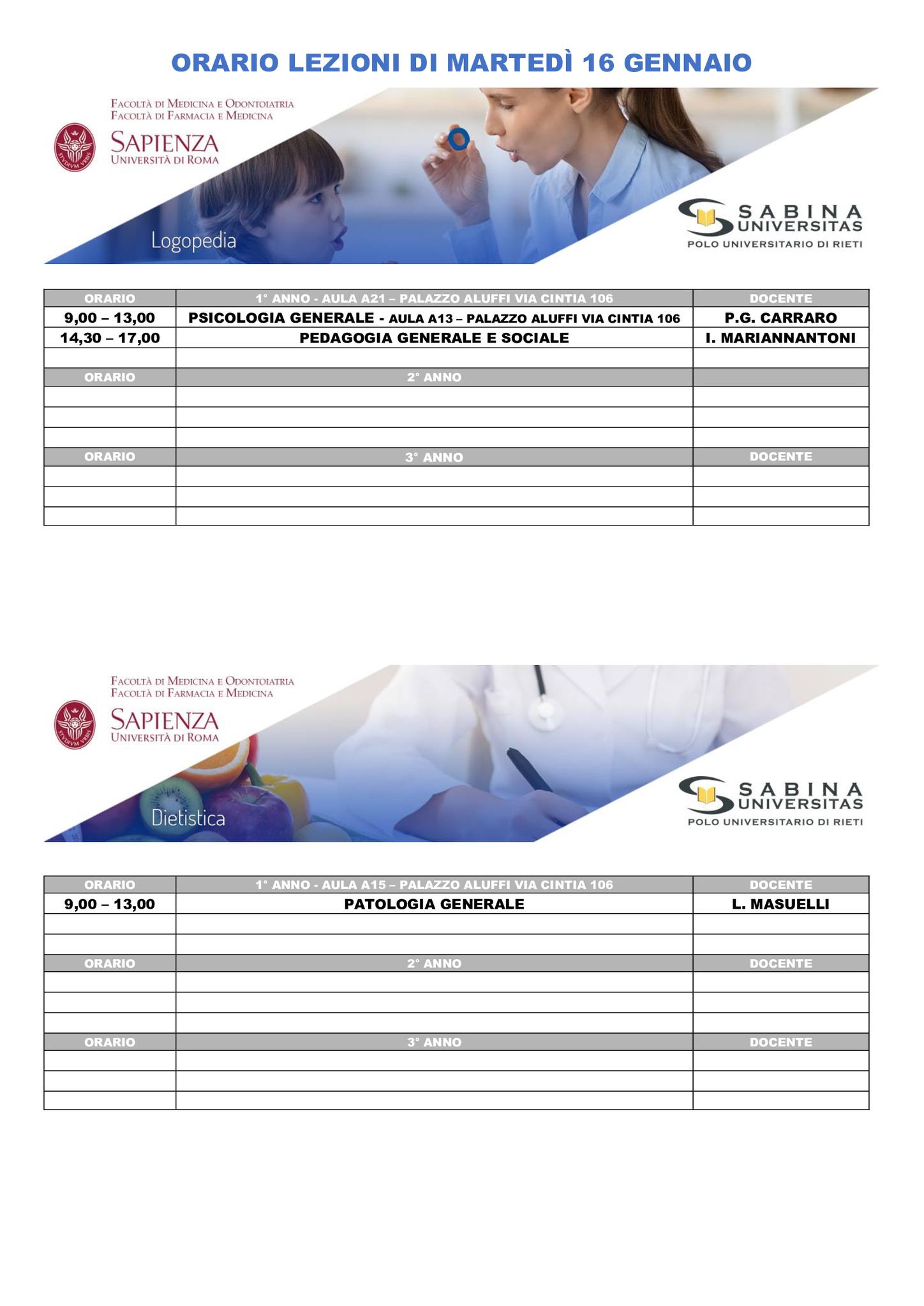 Professioni Sanitarie: orario lezioni di martedì 16 gennaio