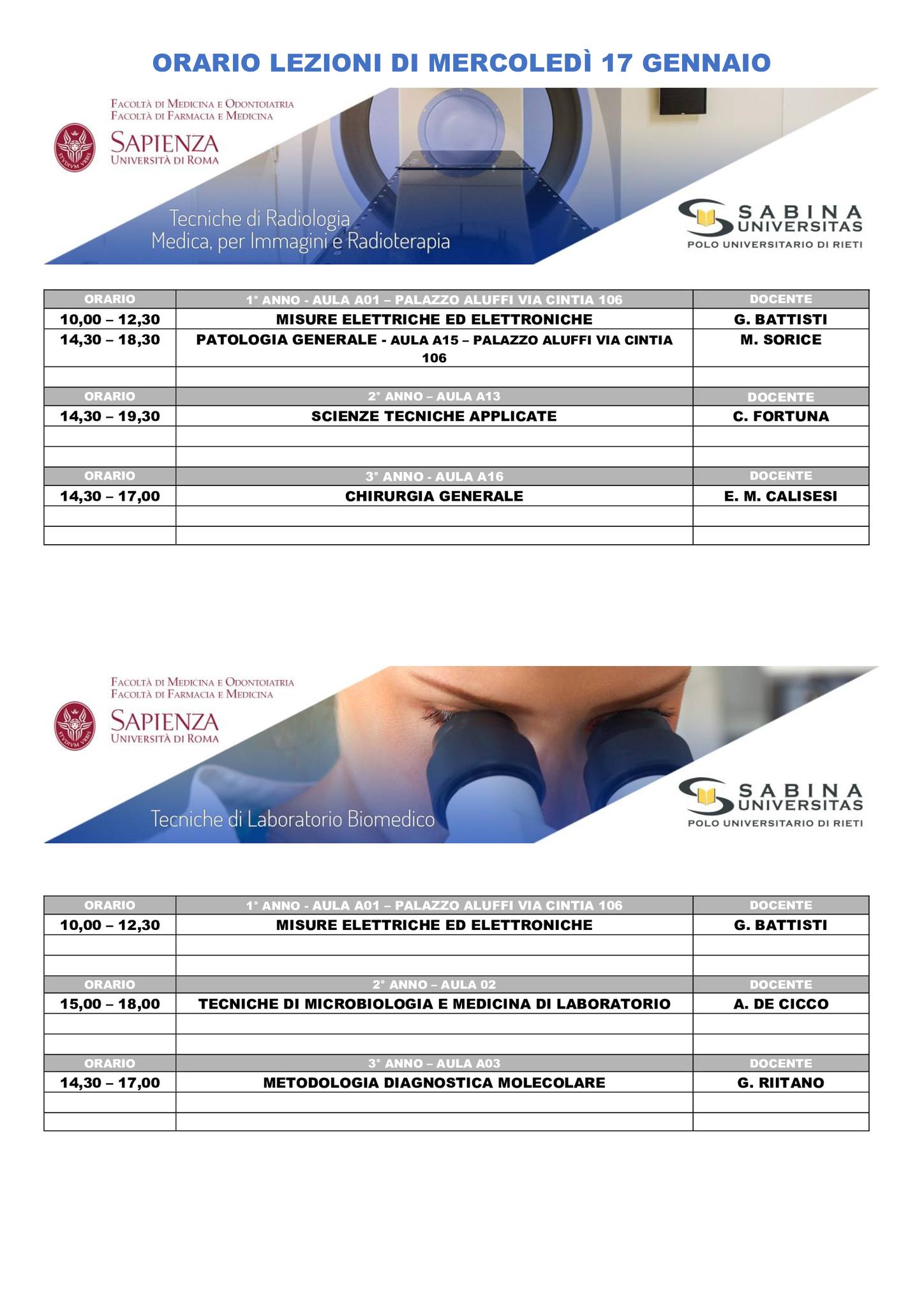 Professioni Sanitarie: orario lezioni di mercoledì 17 gennaio