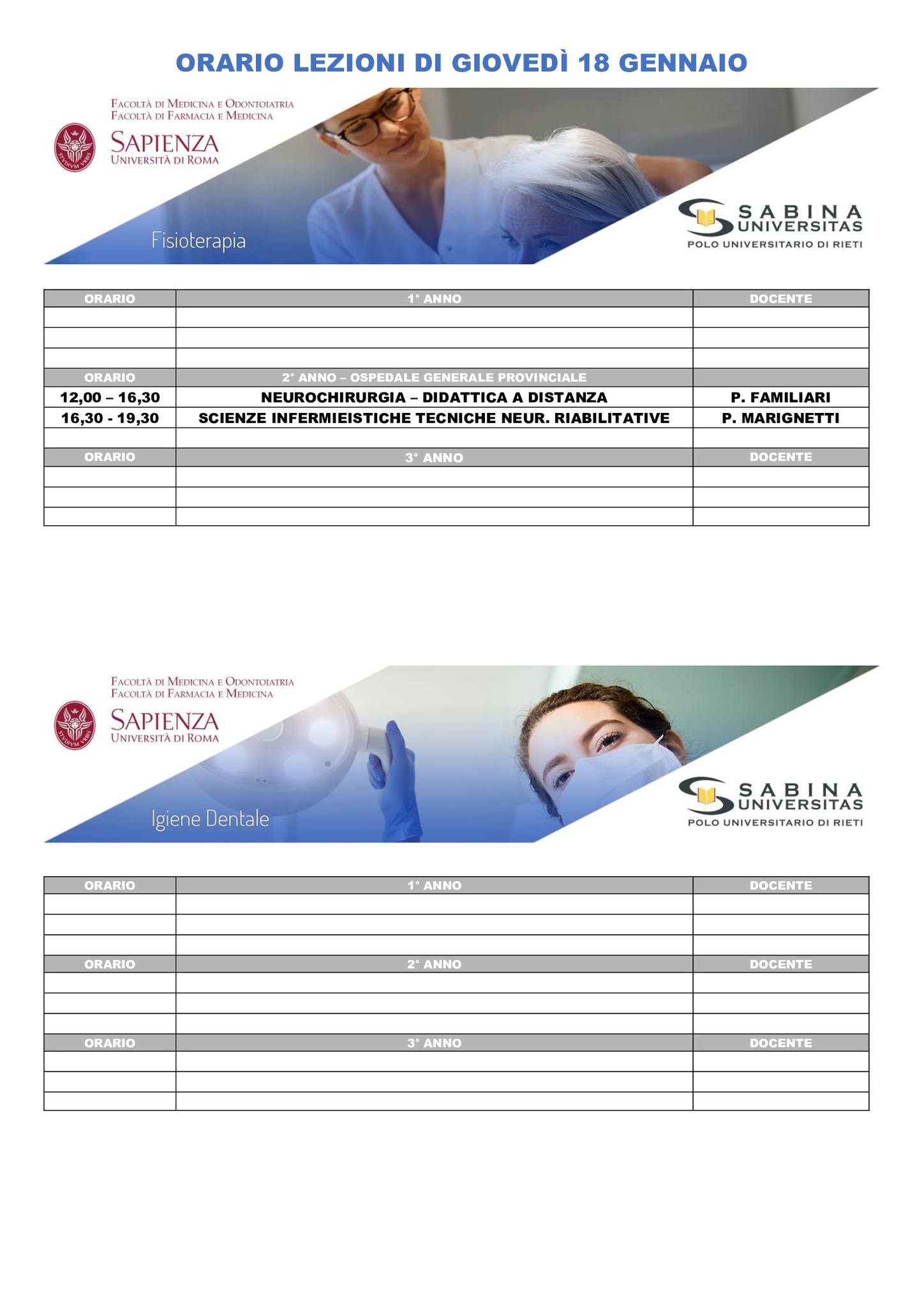 Professioni Sanitarie: orario lezioni di giovedì 18 gennaio