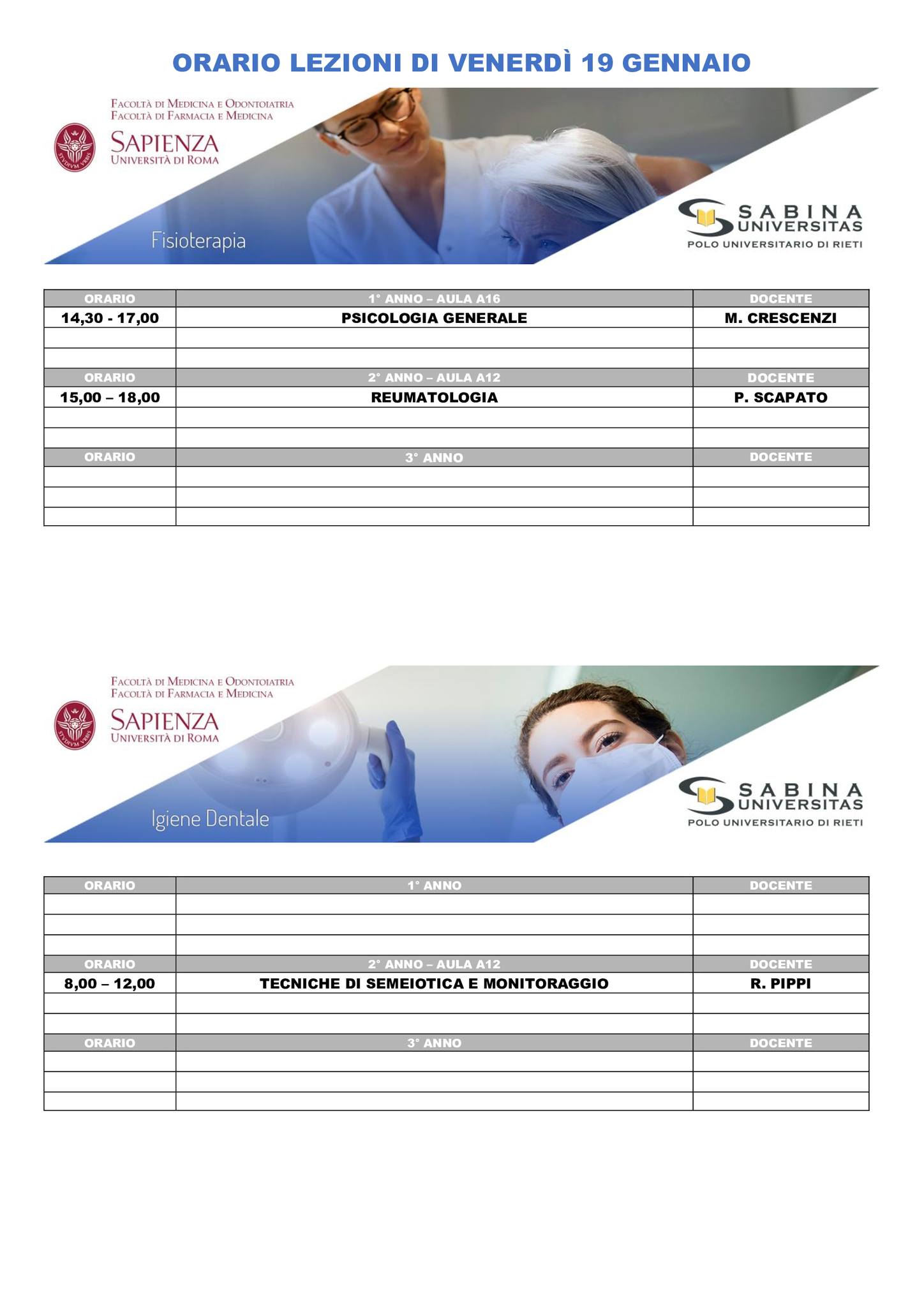 Professioni Sanitarie: orario lezioni di venerdì 19 gennaio