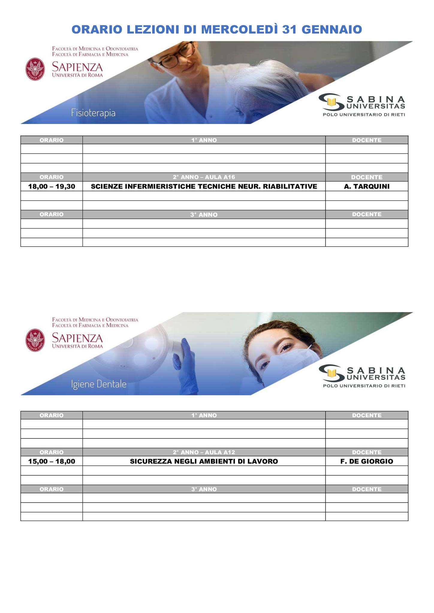 Professioni Sanitarie: orario lezioni di mercoledì 31 gennaio