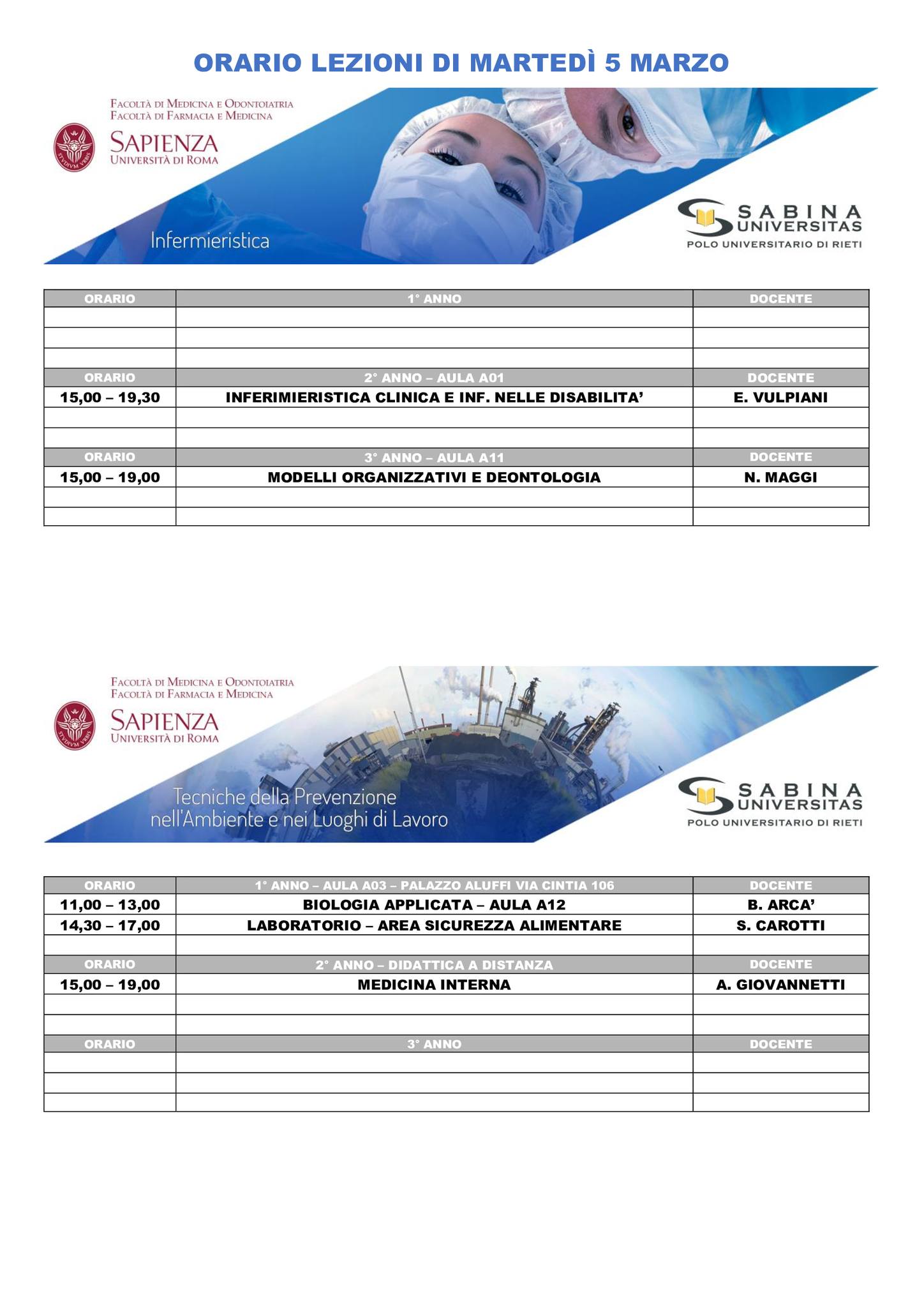Professioni Sanitarie: orario lezioni di martedì 5 marzo