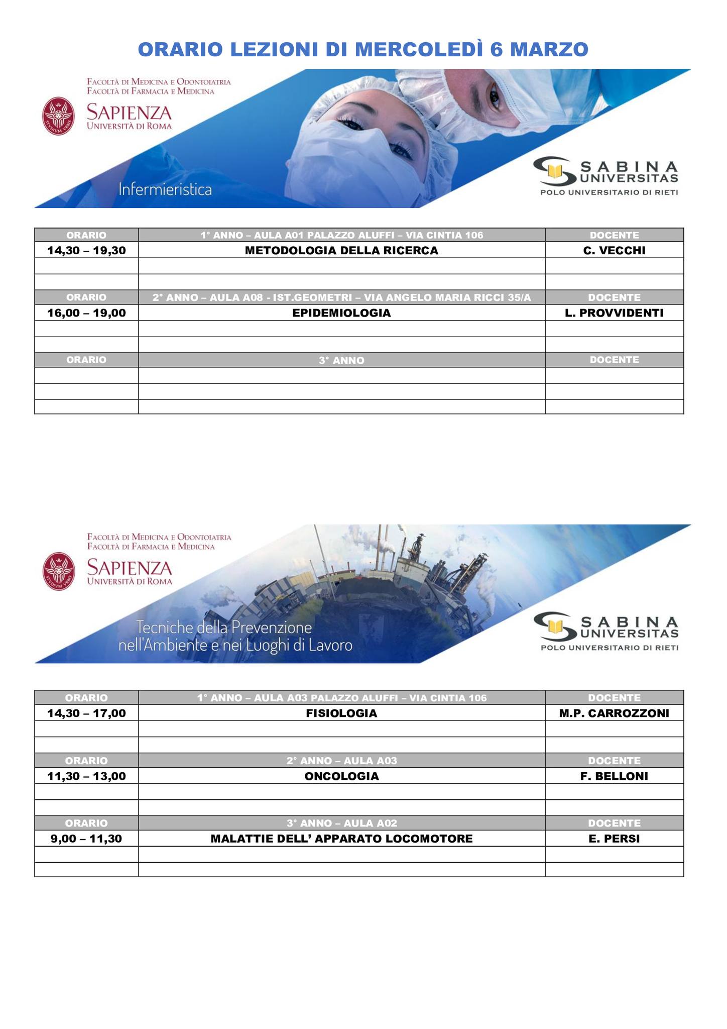Professioni Sanitarie: orario lezioni di mercoledì 6 marzo
