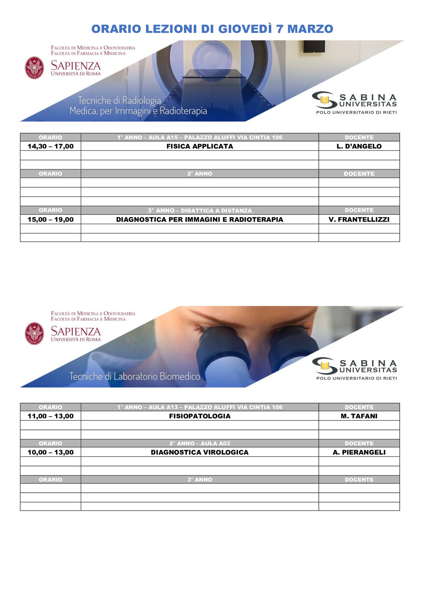 Professioni Sanitarie: orario lezioni di giovedì 7 marzo