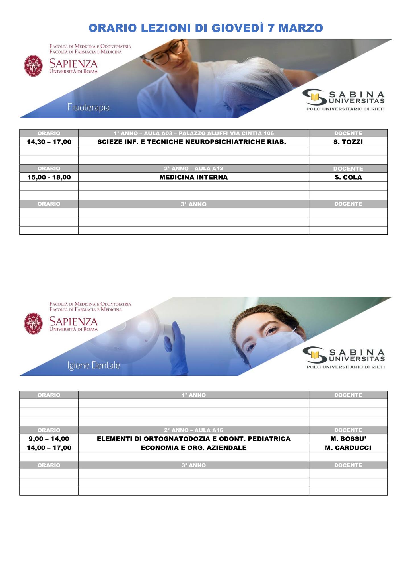 Professioni Sanitarie: orario lezioni di giovedì 7 marzo