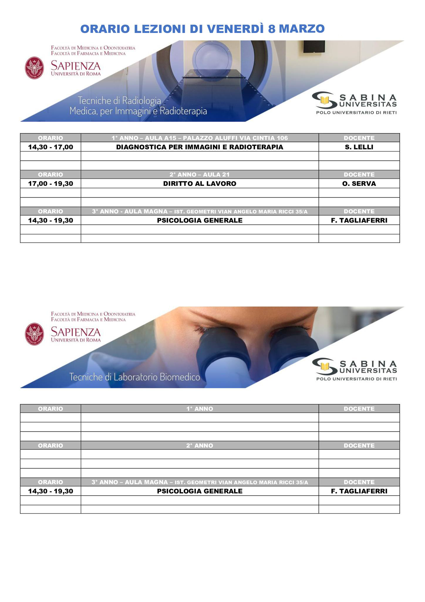 Professioni Sanitarie: orario lezioni di venerdì 8 marzo