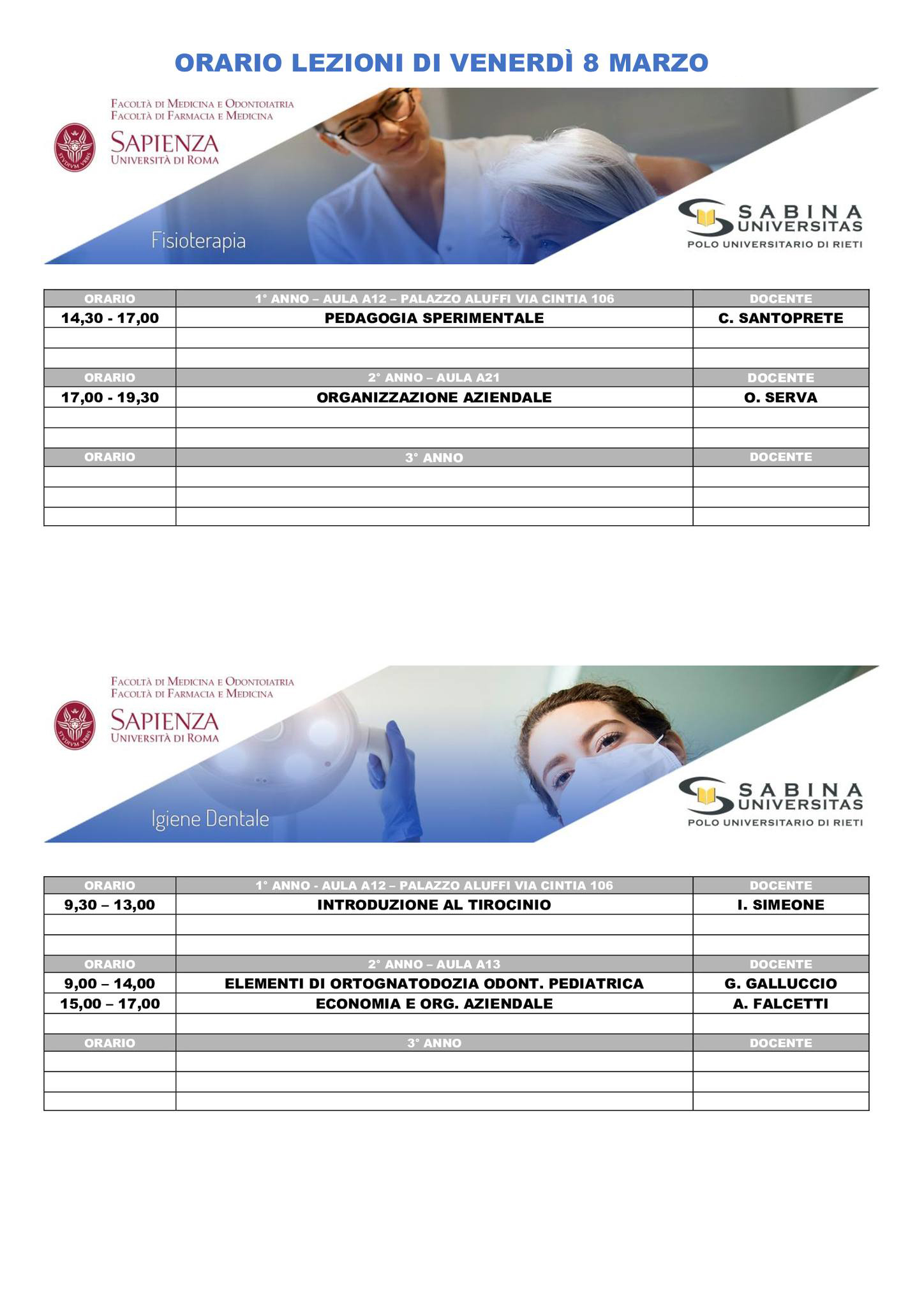 Professioni Sanitarie: orario lezioni di venerdì 8 marzo