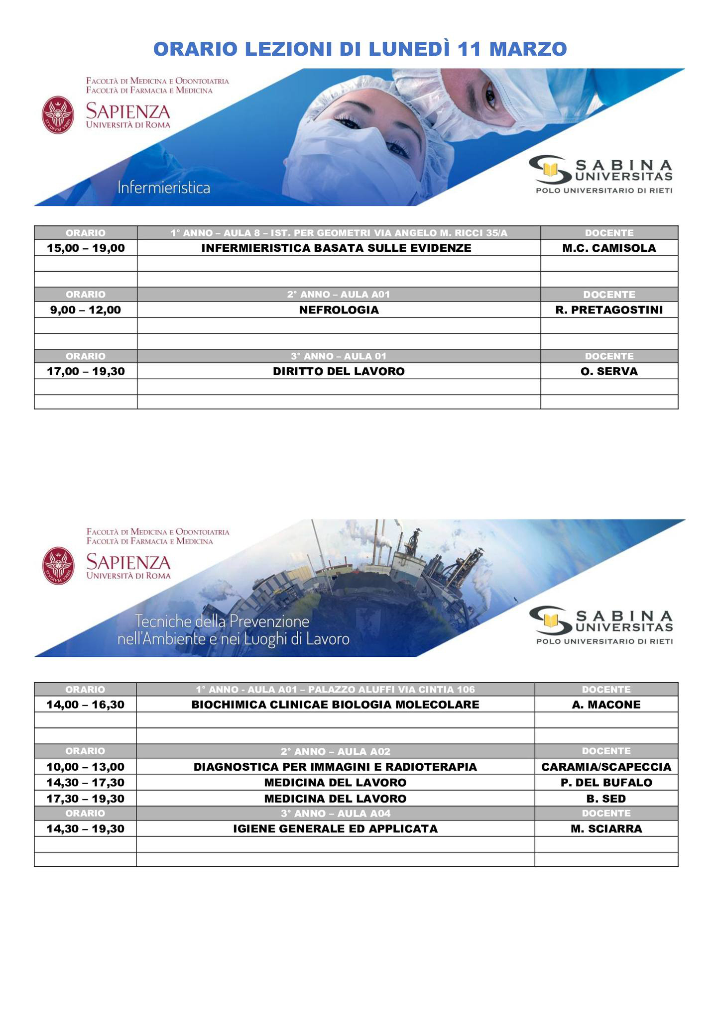 Professioni Sanitarie: orario lezioni di lunedì 11 marzo