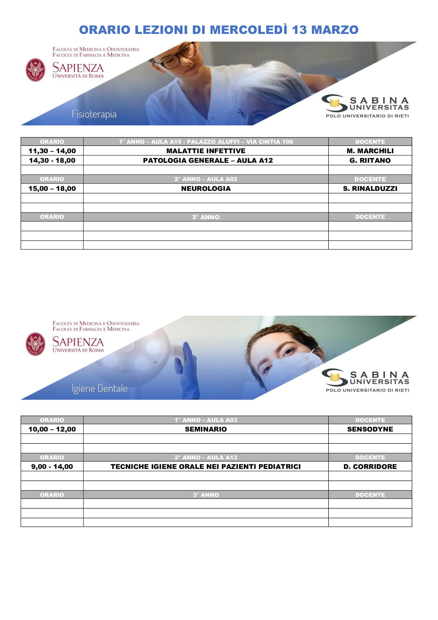 Professioni Sanitarie: orario lezioni di mercoledì 13 marzo