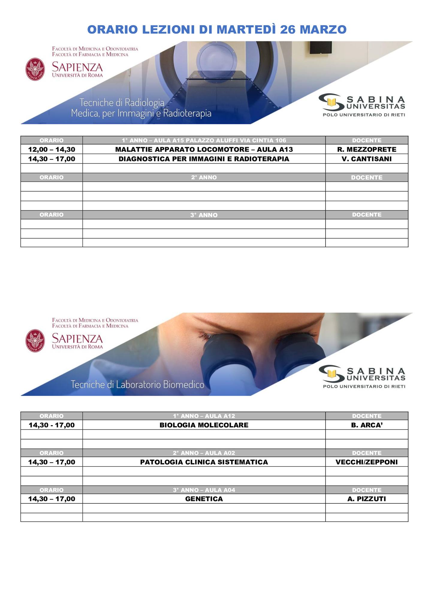 Professioni Sanitarie: orario lezioni di martedì 26 marzo