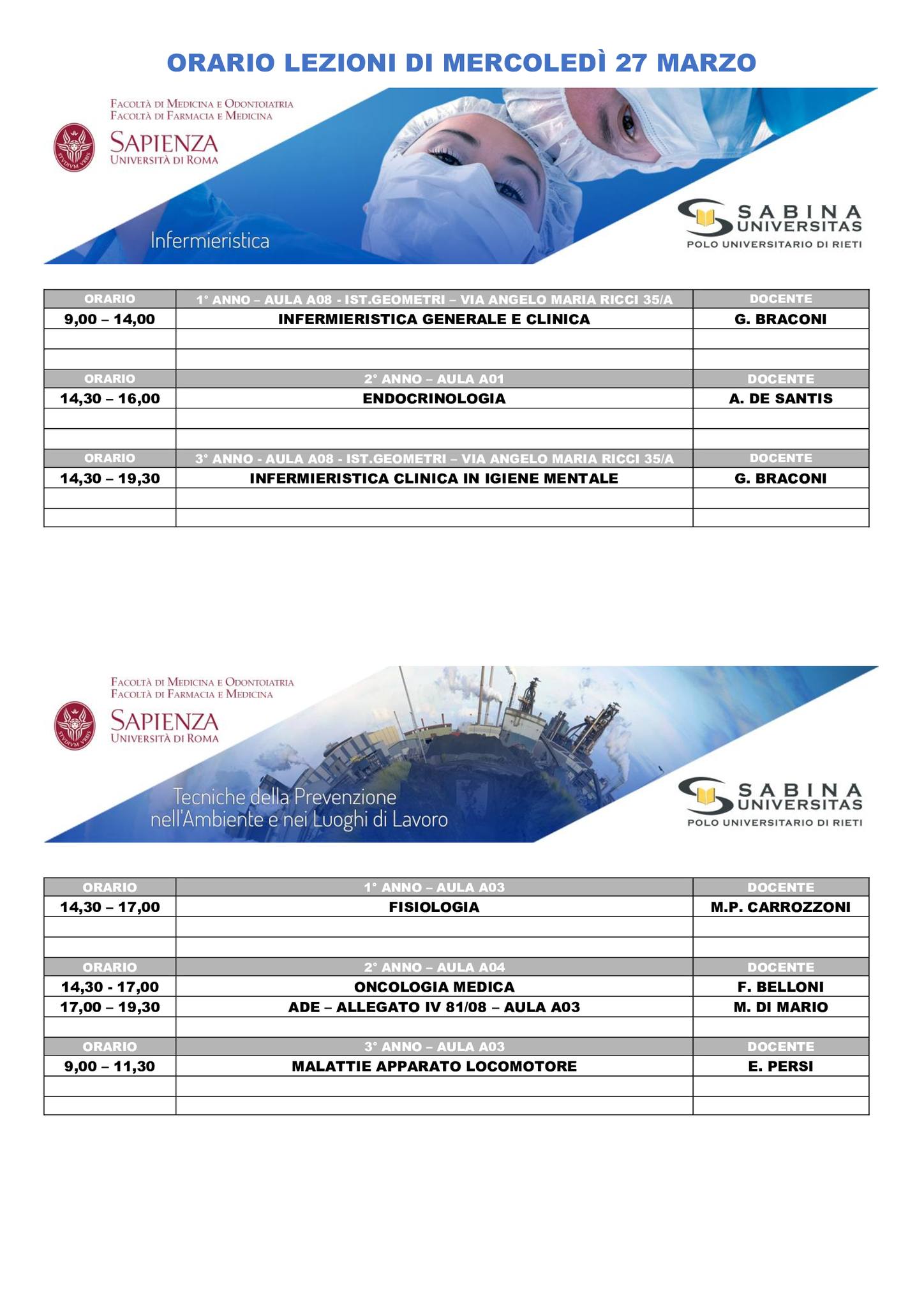 Professioni Sanitarie: orario lezioni di mercoledì 27 marzo