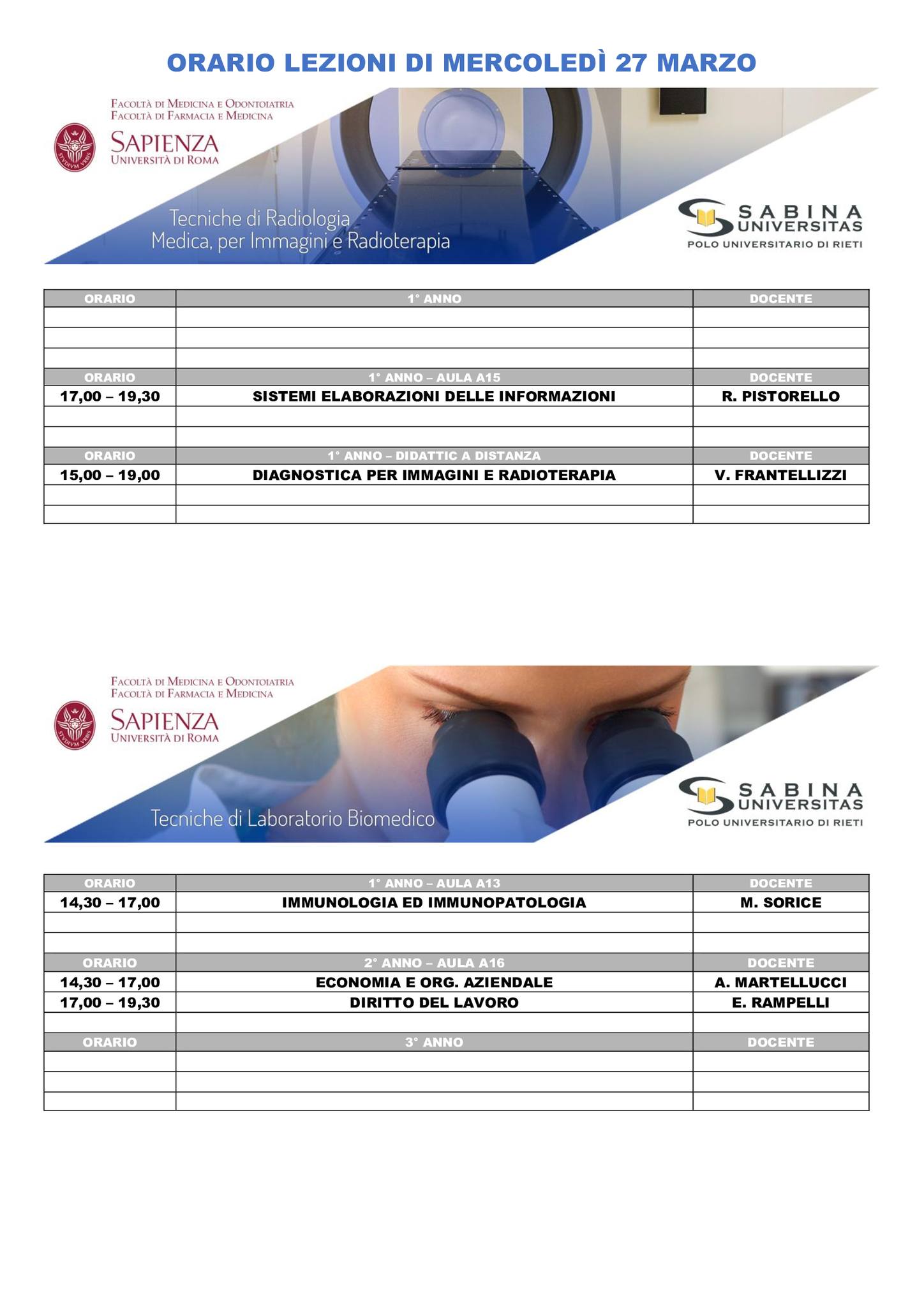 Professioni Sanitarie: orario lezioni di mercoledì 27 marzo