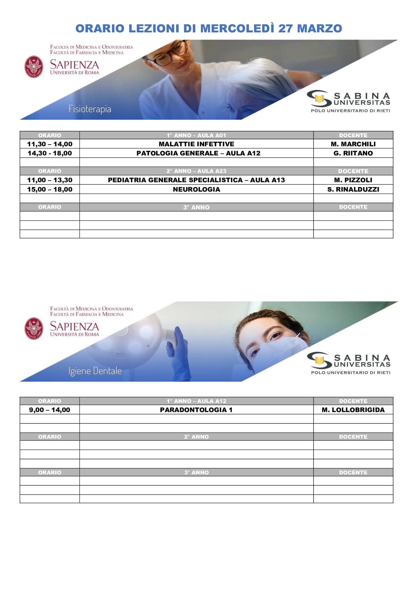 Professioni Sanitarie: orario lezioni di mercoledì 27 marzo