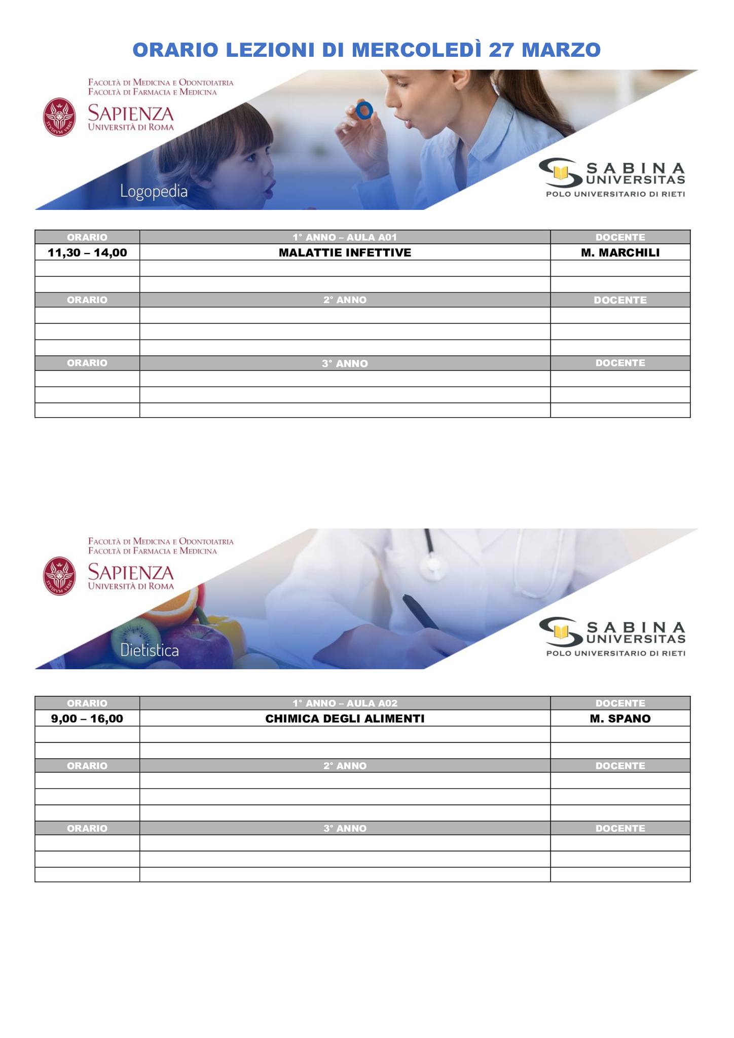 Professioni Sanitarie: orario lezioni di mercoledì 27 marzo