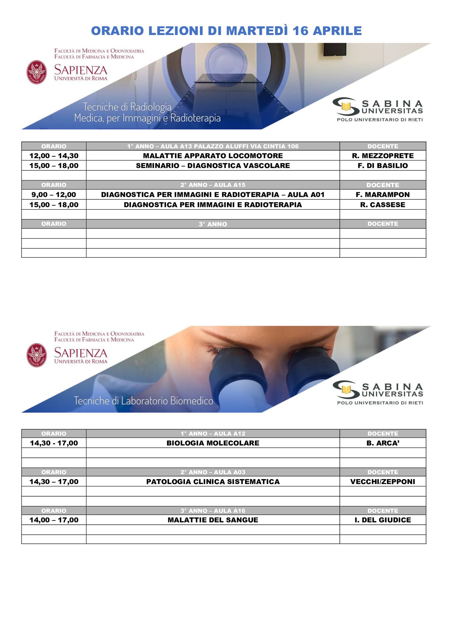 Professioni Sanitarie: orario lezioni di martedì 16 aprile