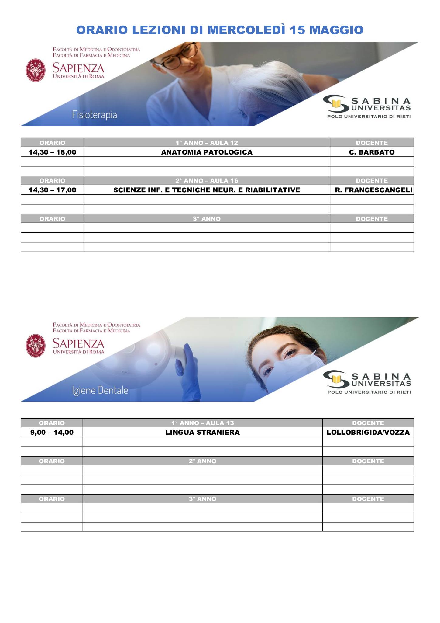 Professioni Sanitarie: orario lezioni di mercoledì 15 maggio