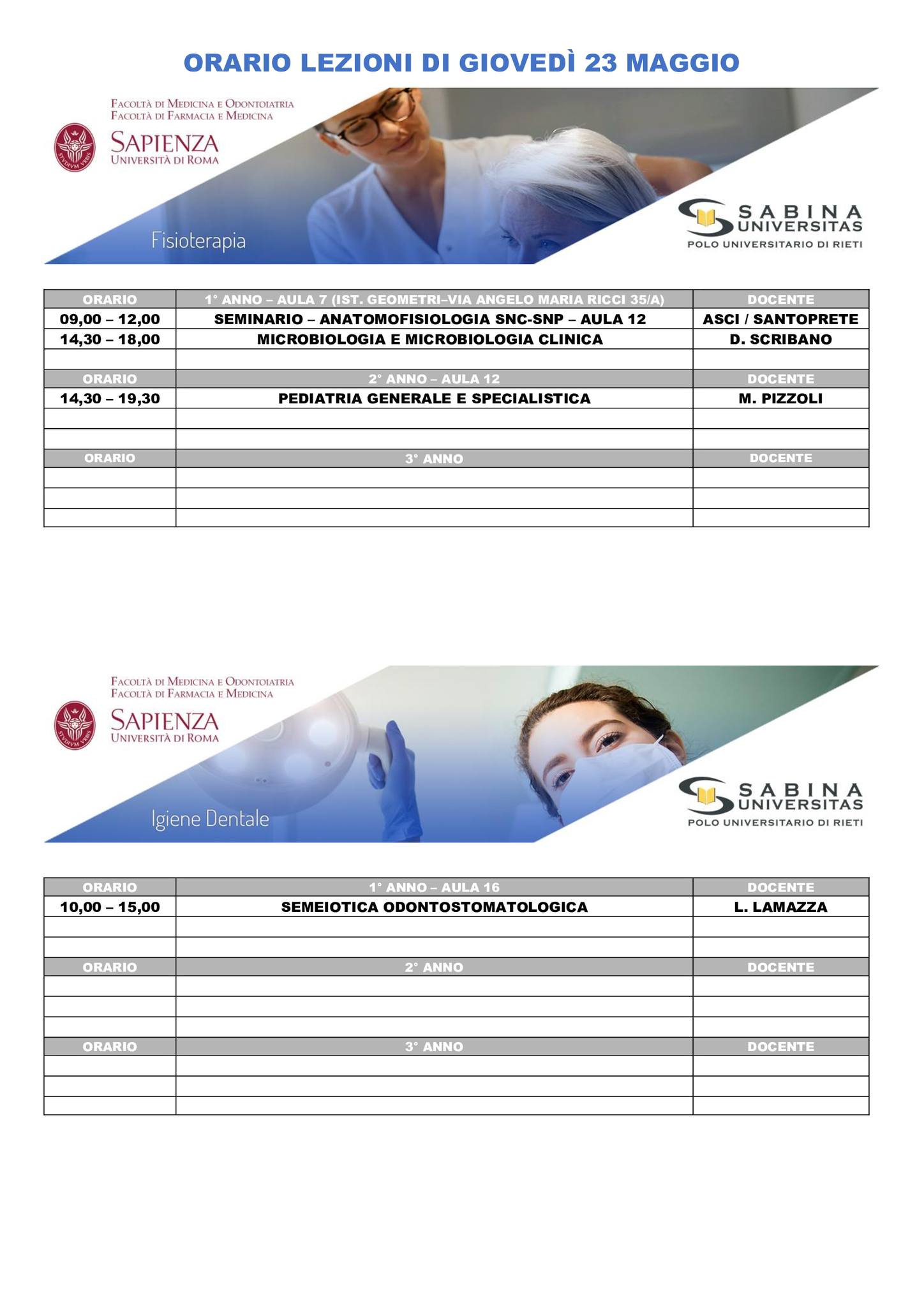 Professioni Sanitarie: orario lezioni di giovedì 23 maggio