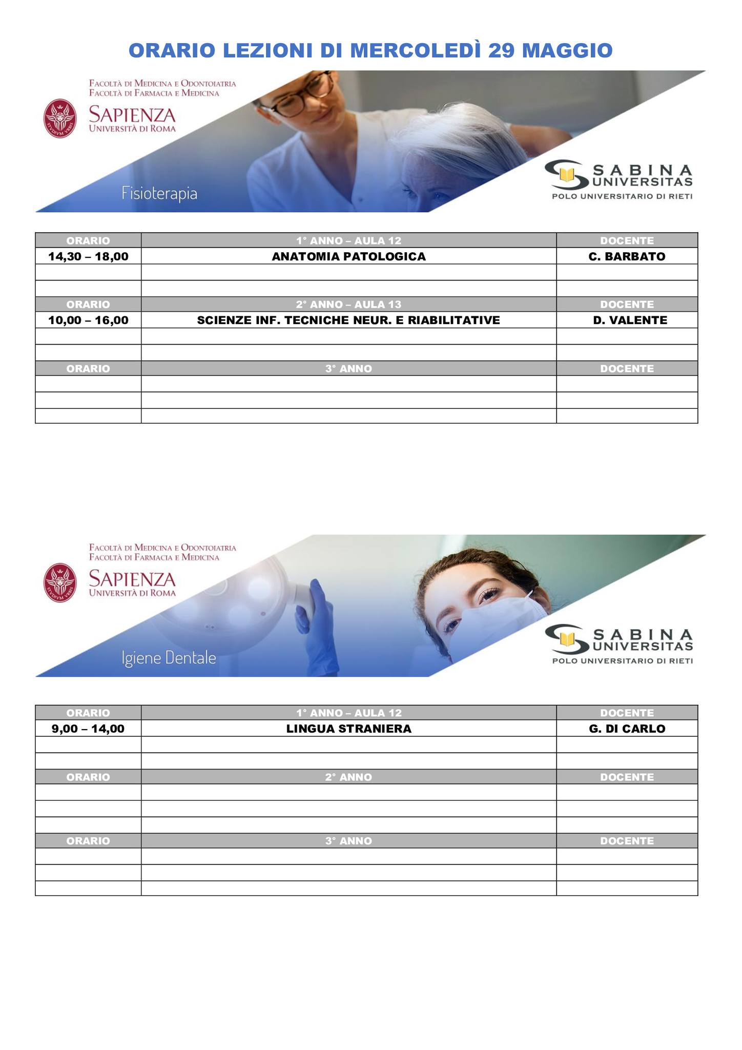 Professioni Sanitarie: orario lezioni di mercoledì 29 maggio