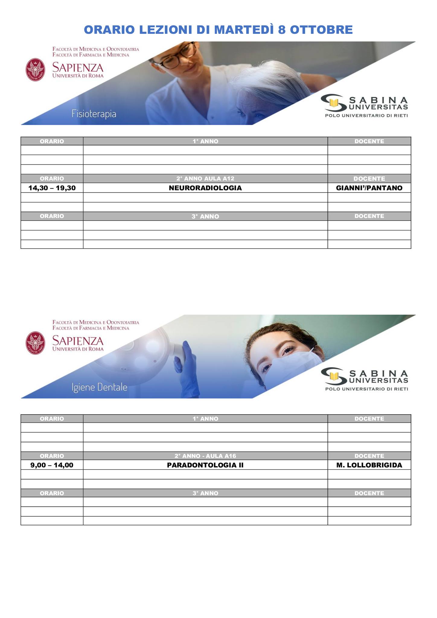 Professioni Sanitarie: orario lezioni di martedì 8 ottobre