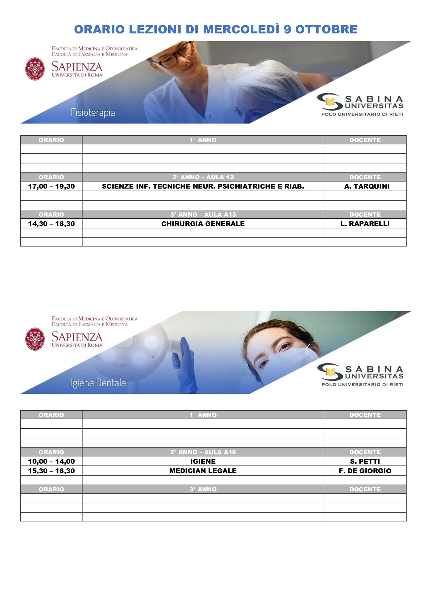 Professioni Sanitarie: orario lezioni di mercoledì 9 ottobre