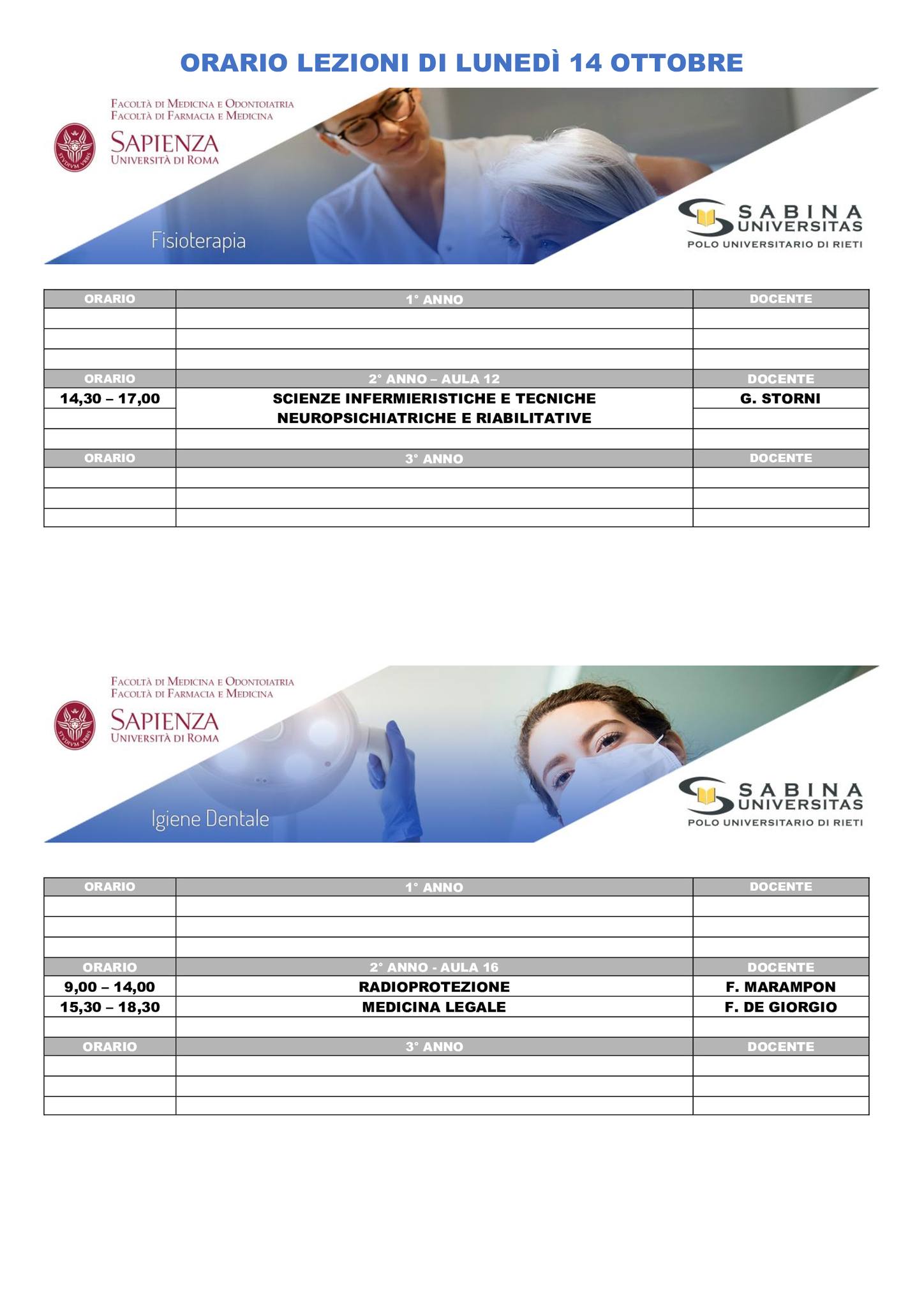 Professioni Sanitarie: orario lezioni di lunedì 14 ottobre