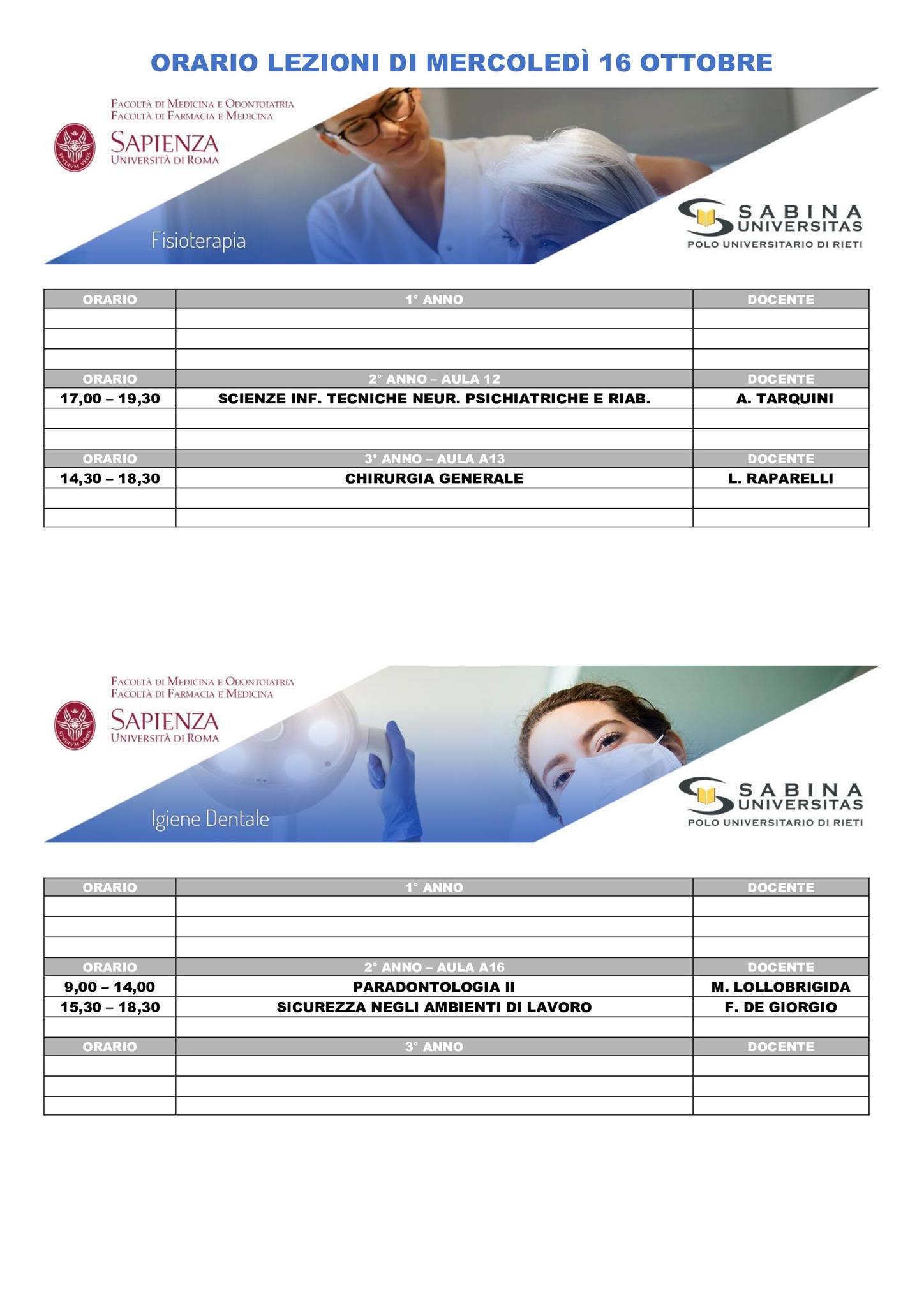 Professioni Sanitarie: orario lezioni di mercoledì 16 ottobre