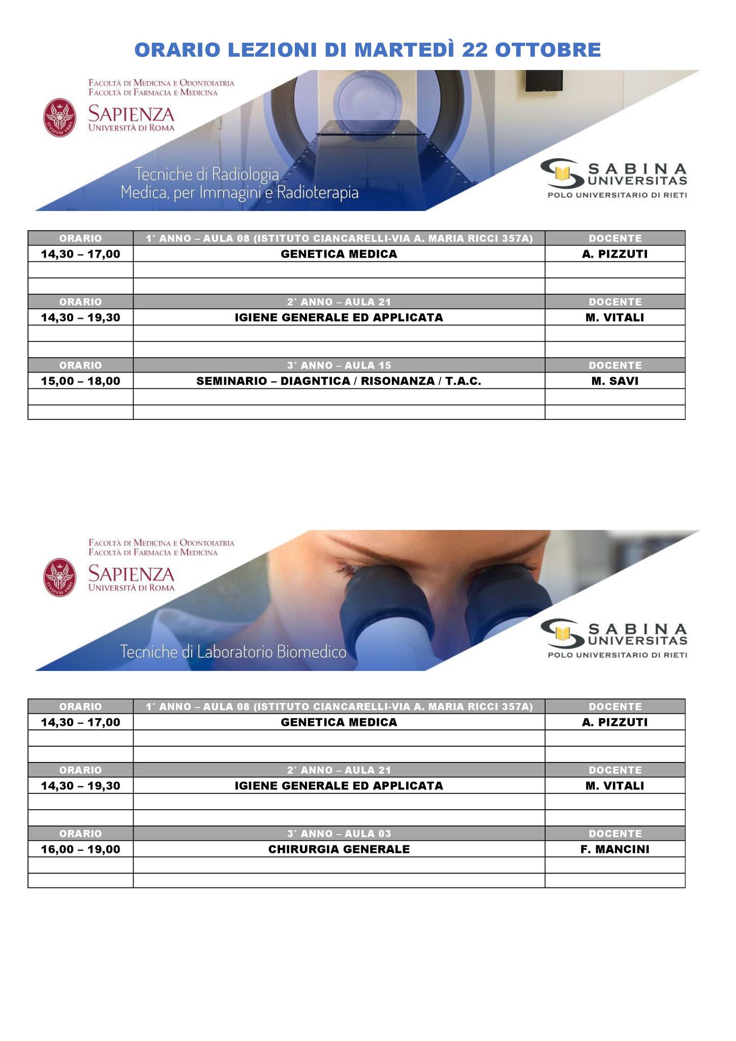 Professioni Sanitarie: orario lezioni di martedì 22 ottobre