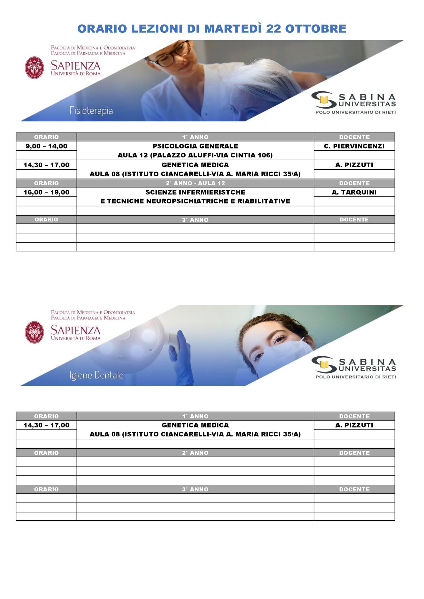 Professioni Sanitarie: orario lezioni di martedì 22 ottobre