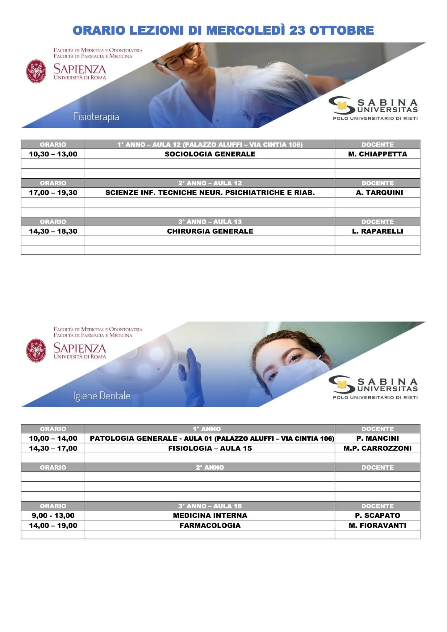 Professioni Sanitarie: orario lezioni di mercoledì 23 ottobre