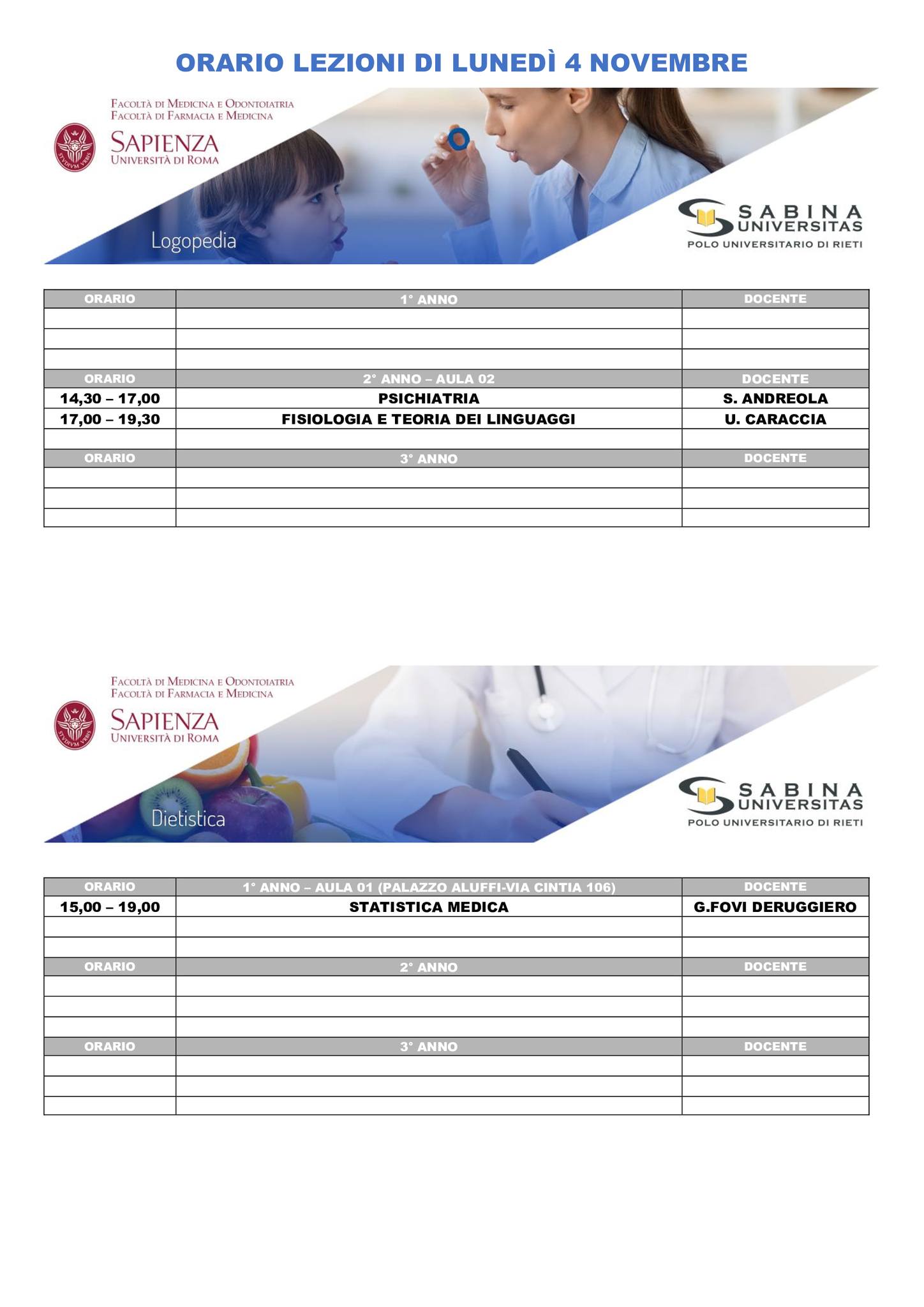 Professioni Sanitarie: orario lezioni di lunedì 4 novembre