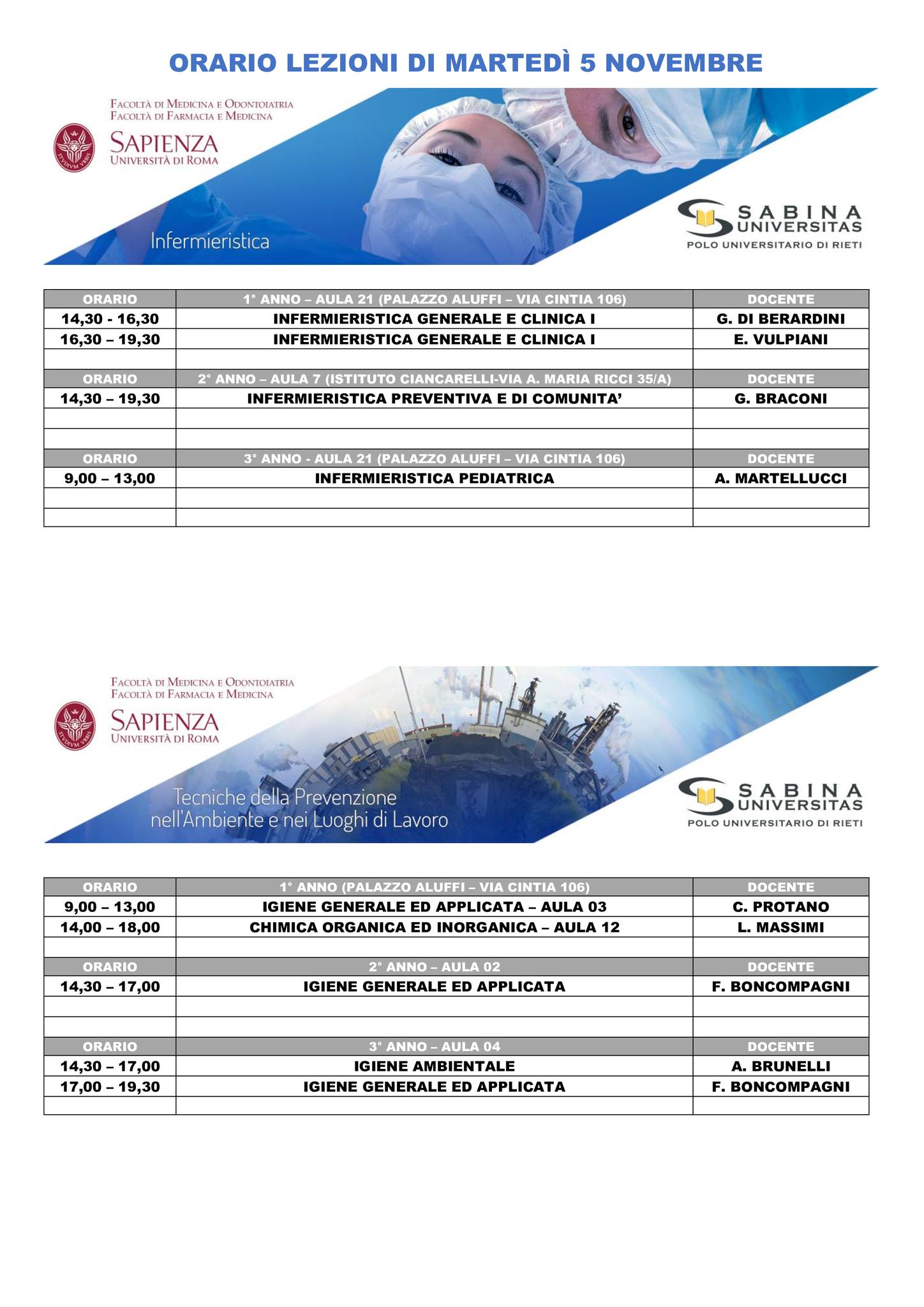 Professioni Sanitarie: orario lezioni di martedì 5 novembre