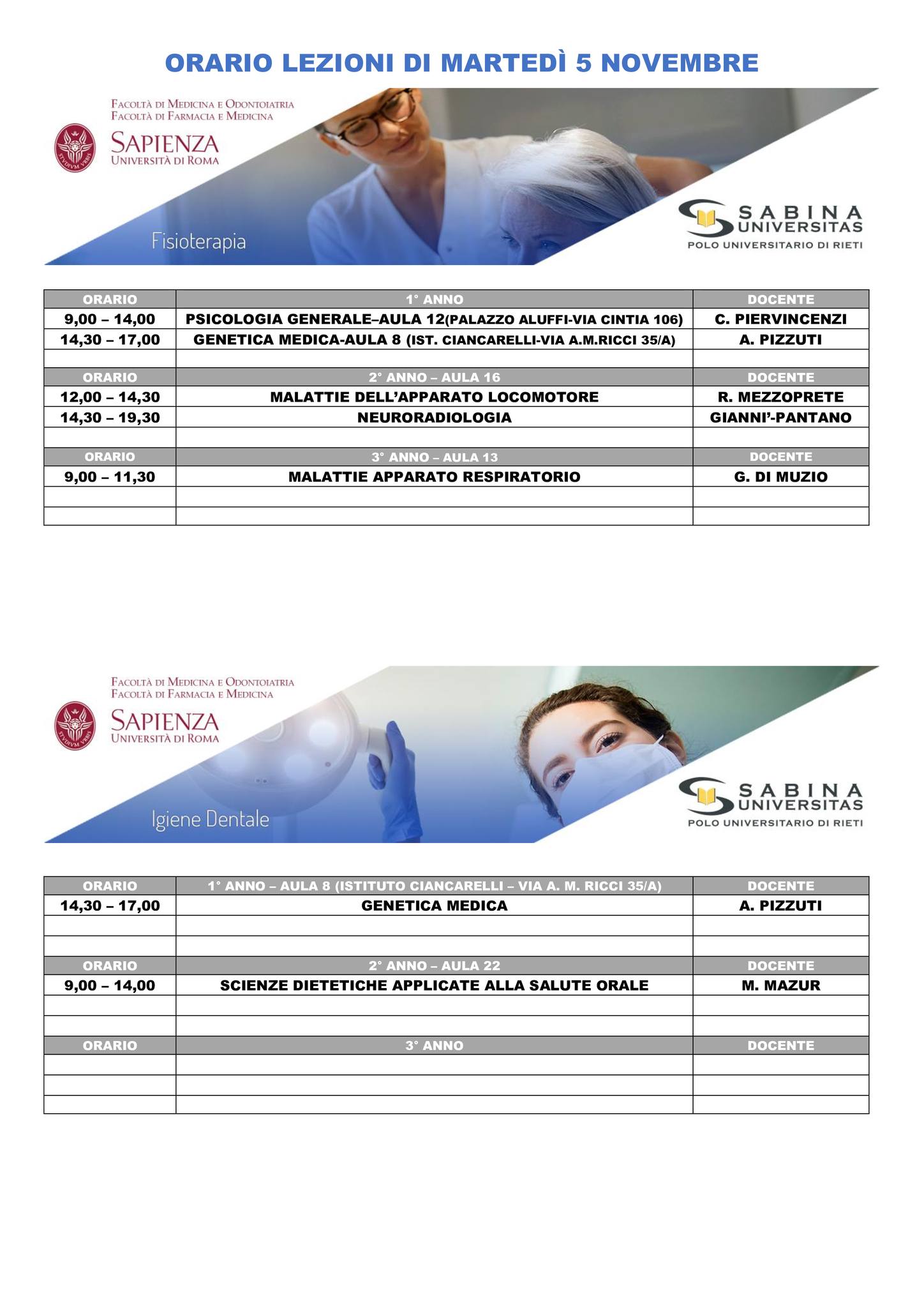 Professioni Sanitarie: orario lezioni di martedì 5 novembre