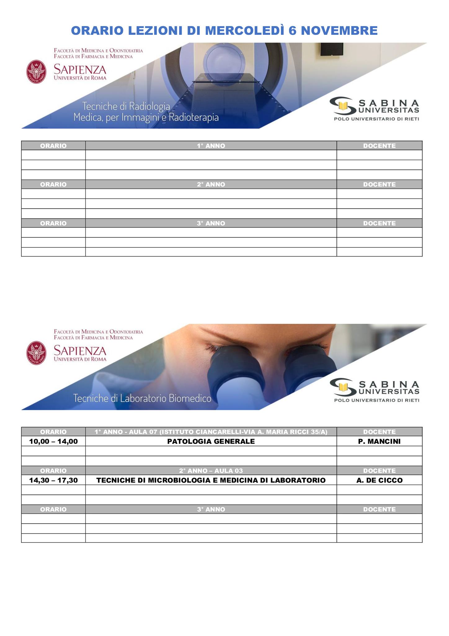 Professioni Sanitarie: orario lezioni di mercoledì 6 novembre