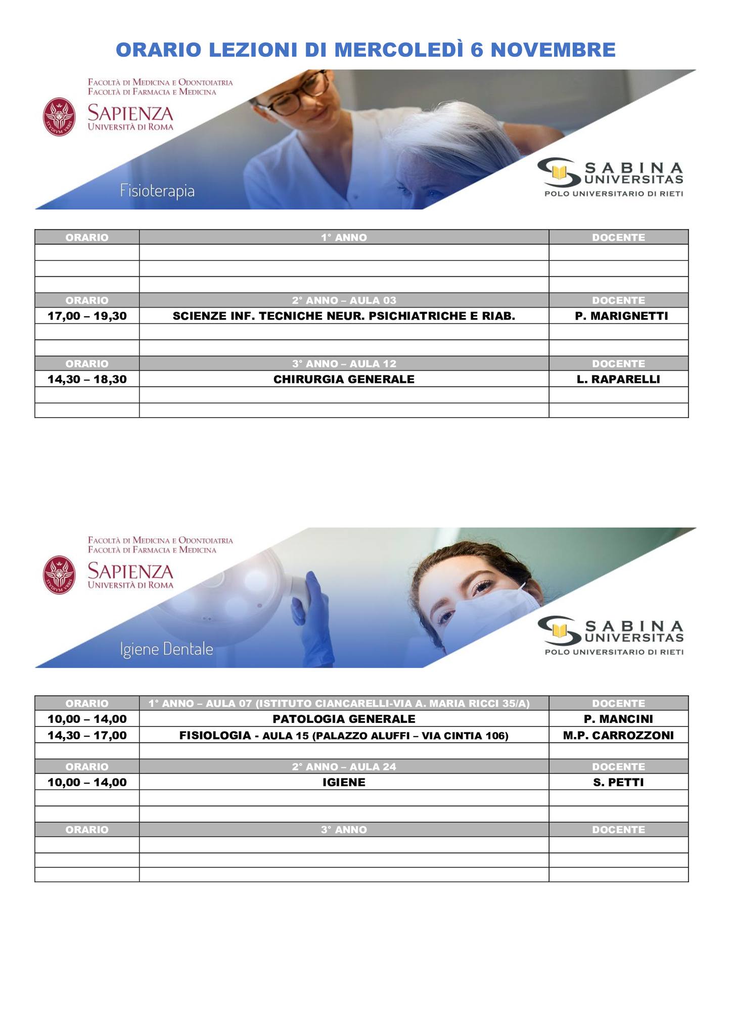 Professioni Sanitarie: orario lezioni di mercoledì 6 novembre