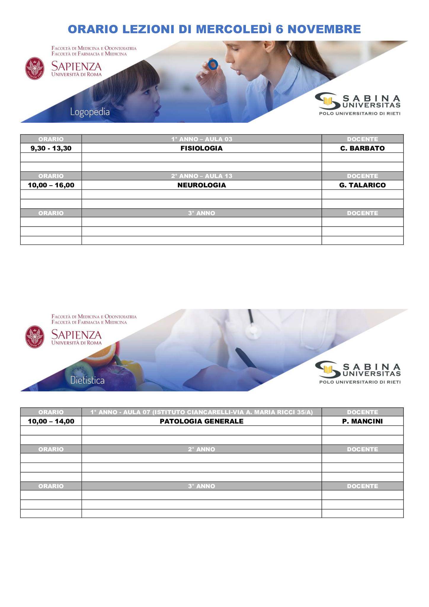 Professioni Sanitarie: orario lezioni di mercoledì 6 novembre