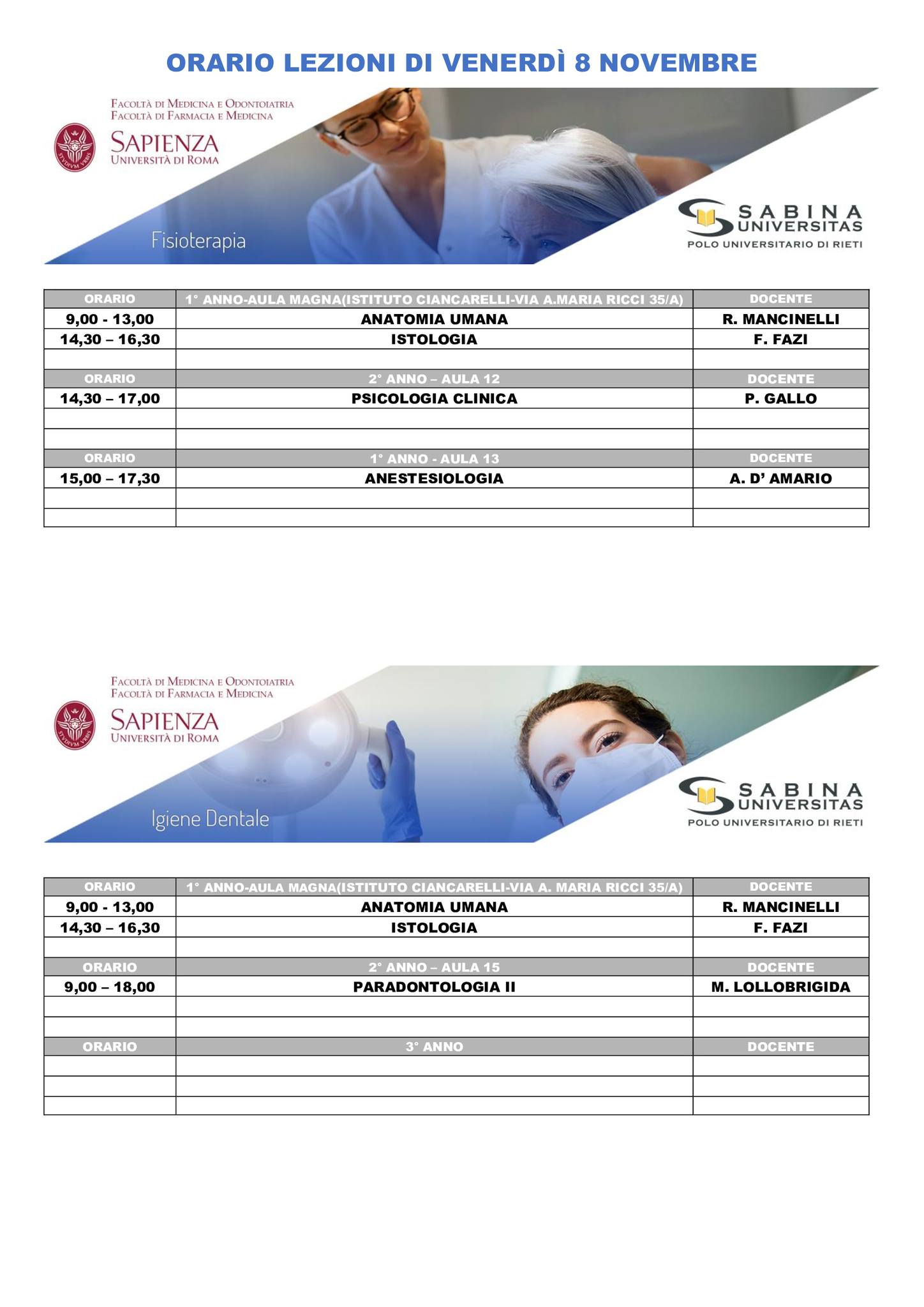 Professioni Sanitarie: orario lezioni di venerdì 8 novembre