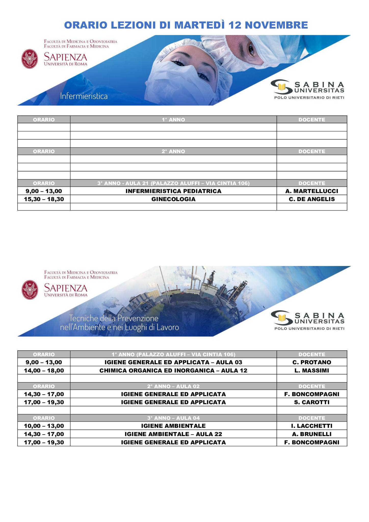 Professioni Sanitarie: orario lezioni di martedì 12 novembre